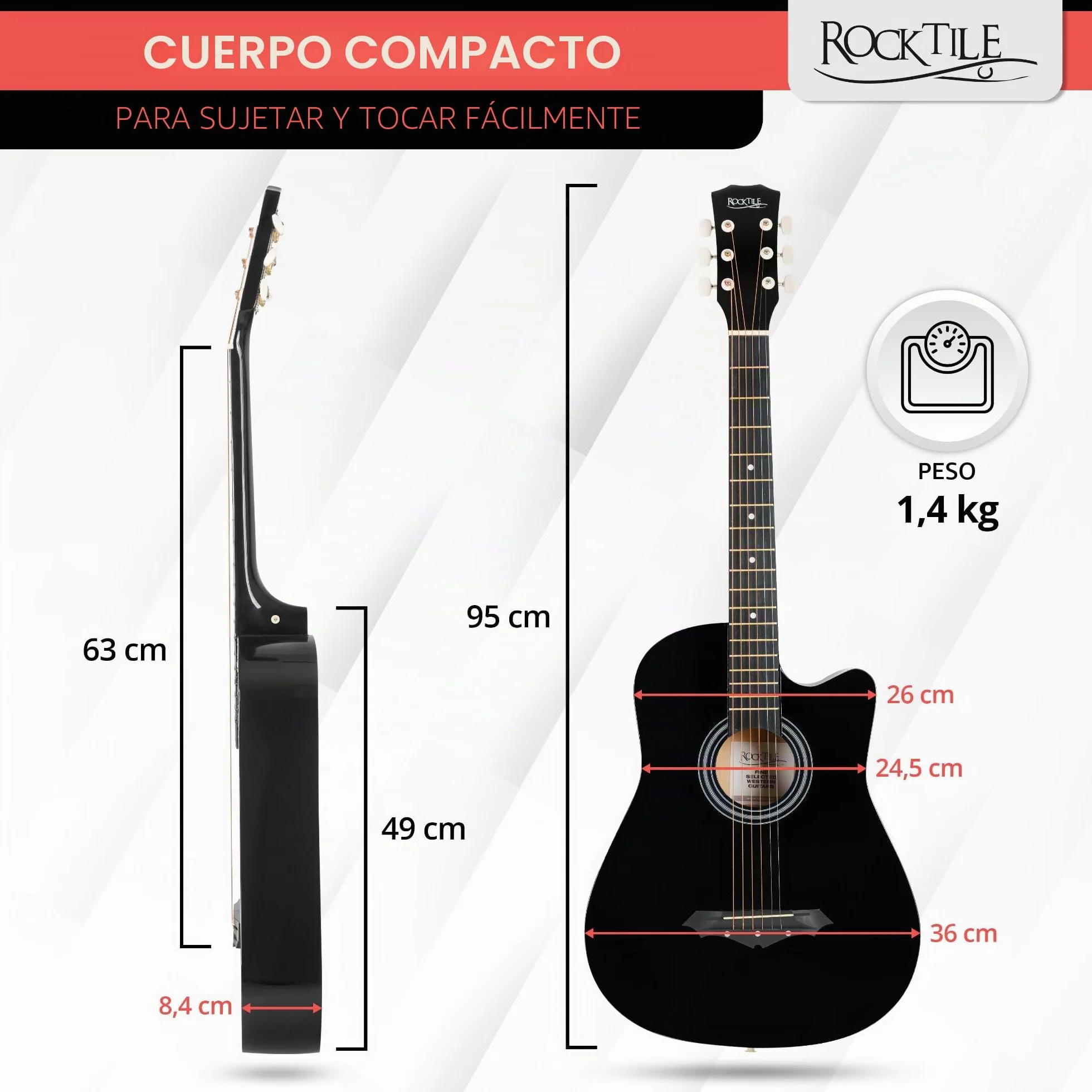 Rocktile WSD-5C-BK Slim Line Set De Guitarras Western - Guitarra Acústica Dreadnought - Cuerpo De Tilo - Mástil: Catalpa - Set Incluye Funda, Cuerdas De Repuesto, Correa Y Púas - Negro
