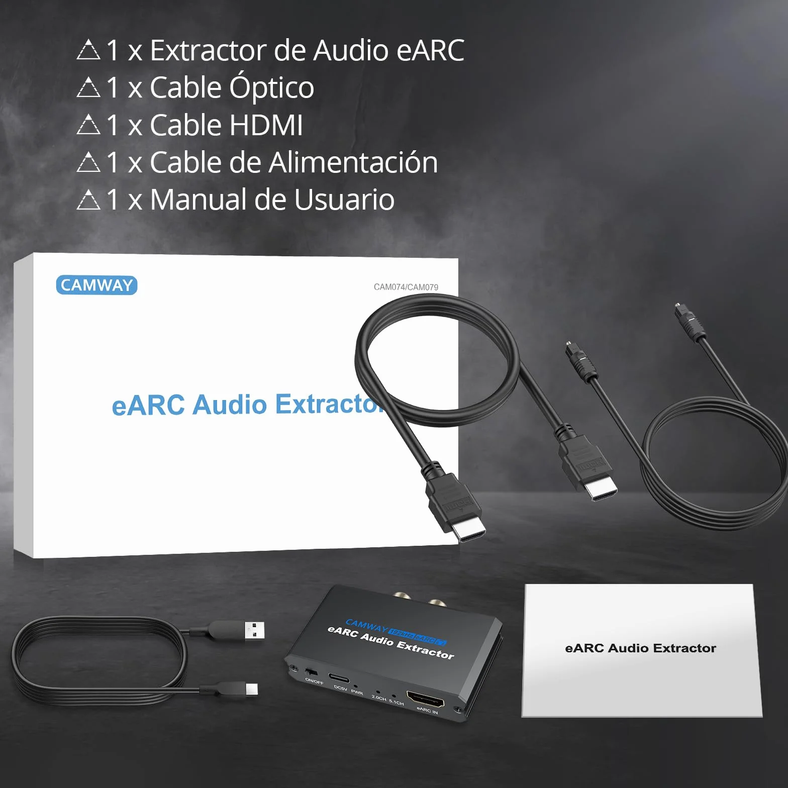CAMWAY Extractor de Audio eARC/ARC, Adaptador eARC/ARC a Óptico+RCA+3.5m,Compatible con Sonido 5.1/2.0 Canales, con Cable Óptico y HDMI, para Sistemas de Cine en Casa/Amplificadores/Barra de sonido