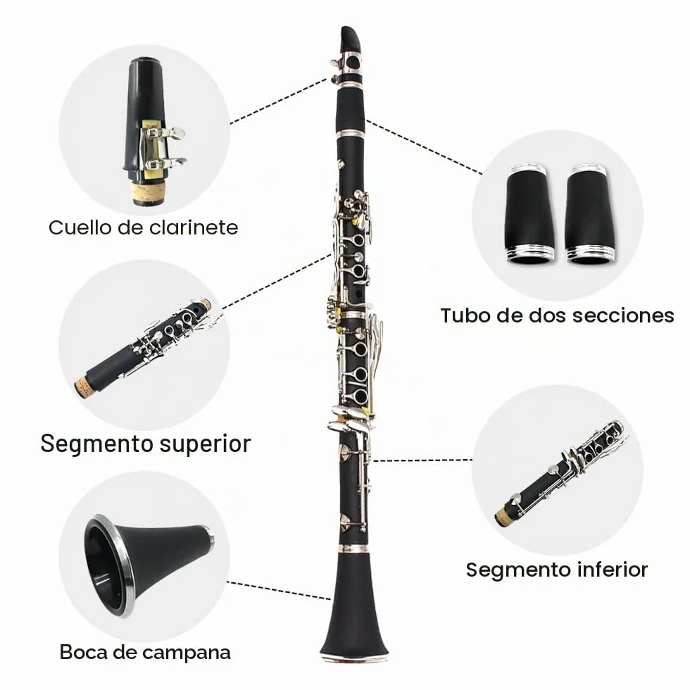 Yinfente Clarinete para clarinete para estudiantes principiantes, clarinete con estuche para clarinete, kit de limpieza de clarinete, boca de clarinete, grasa de corcho para clarinete, clarinete de