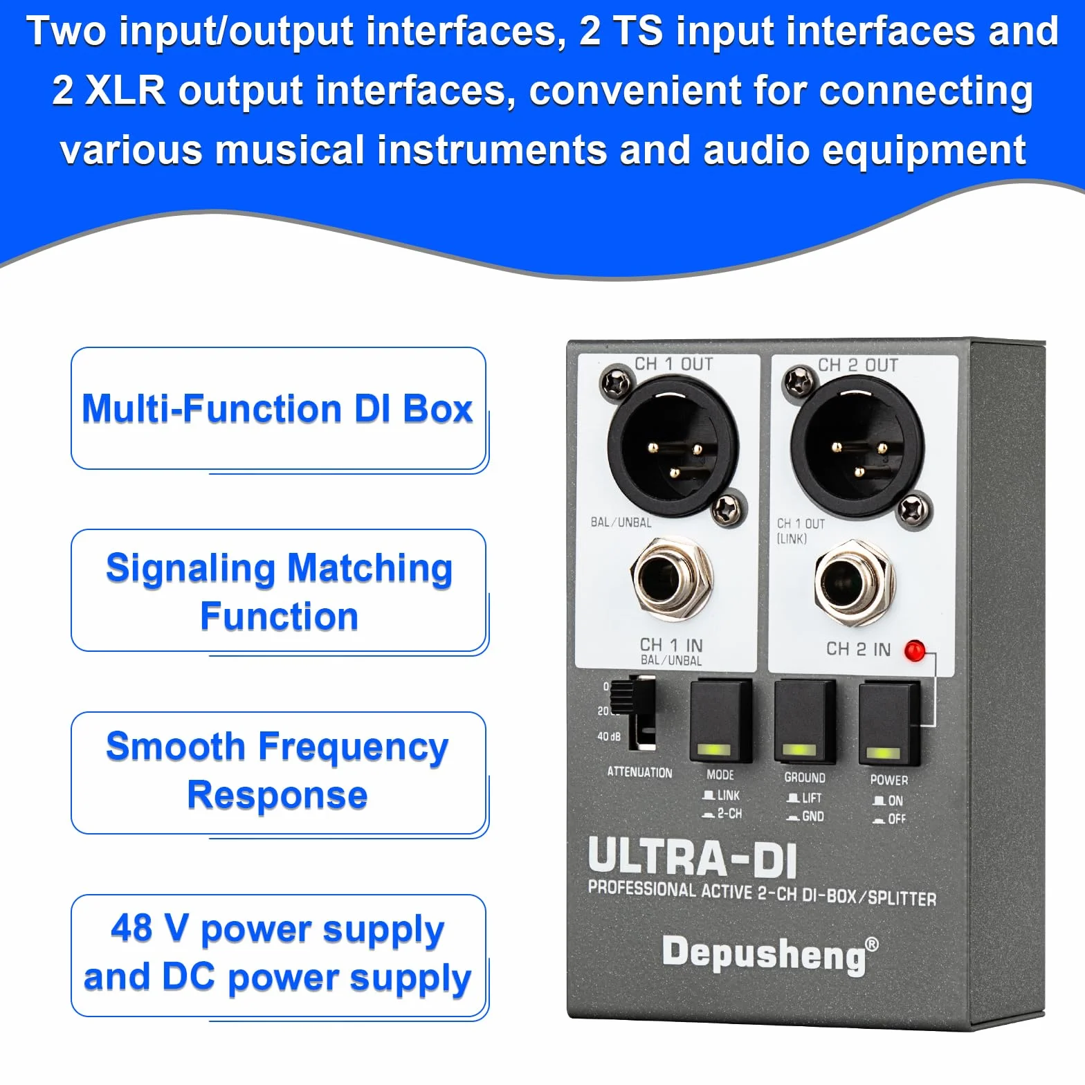 Depusheng Ultra-DI Di2 - Caja DI/Divisor activo profesional de 2 canales con atenuador de entrada para conectar guitarra y bajo, conector balanceado y no balanceado, compatible con 48 V