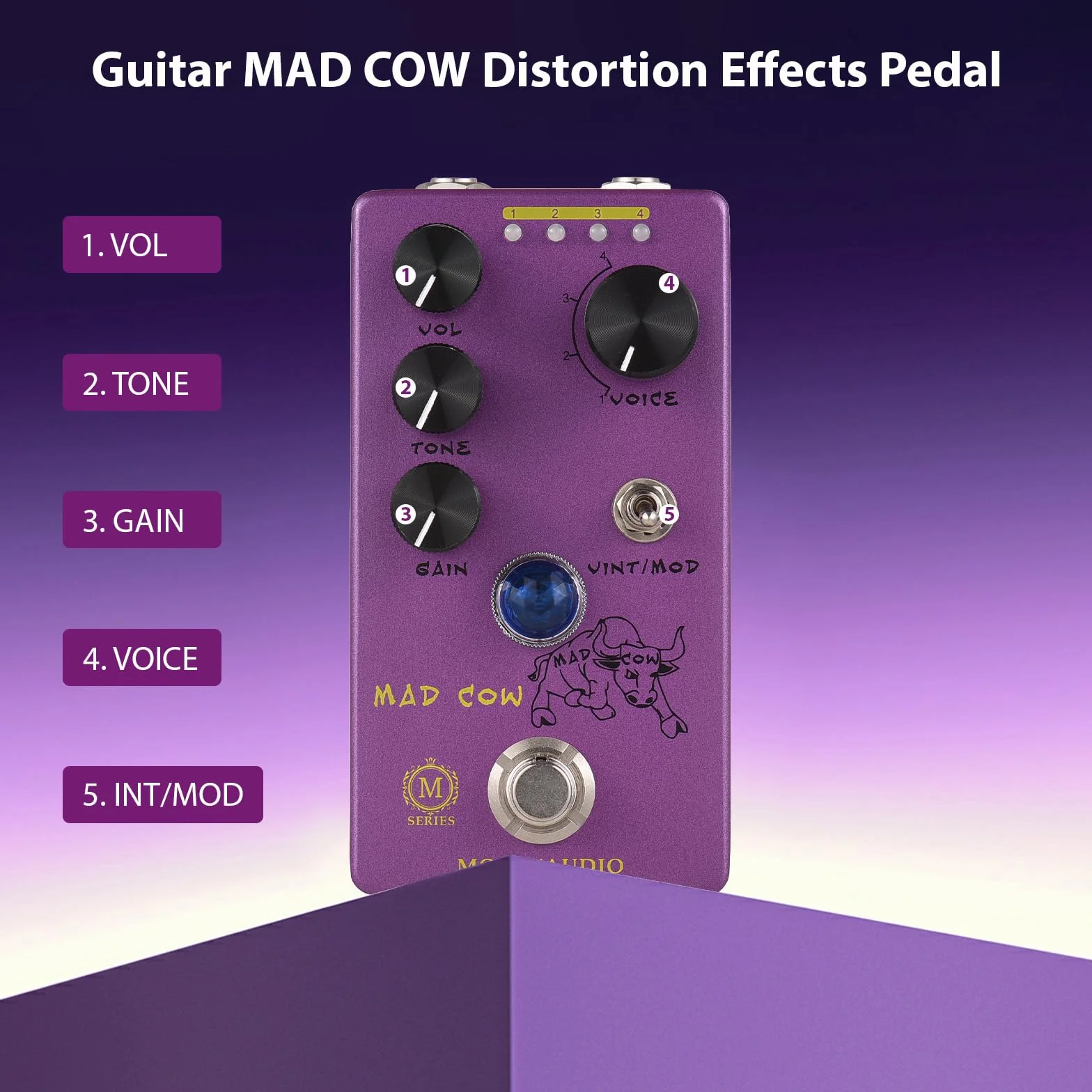 Mad Cow Pedal de Efectos de distorsión de Guitarra GAIN/VOL/TONE/VINT/MOD/4-Mode Knob DC 9V 6.35mm Interfaz de Entrada/Salida Efector de distorsión de Guitarra eléctrica con True Bypass
