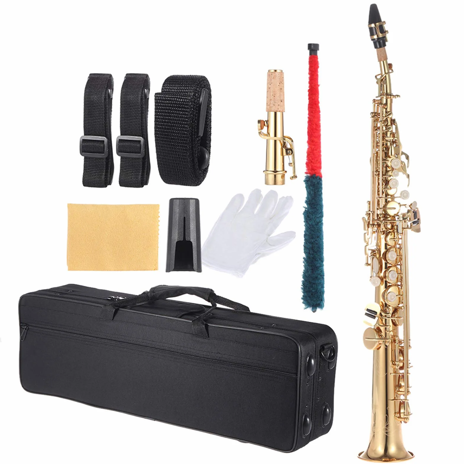 Btuty Saxofón soprano recto de latón Bb B Flat Natural Shell Key Carve Pattern con bolsa de transporte, guantes, paño de limpieza, correa, varilla de limpieza