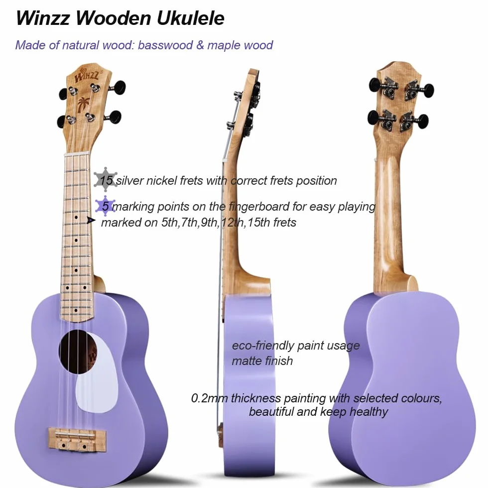 Winzz Ukelele Soprano Infantil, Ukelele Set para Niños y Adulto Principiante, con 9 Accesorios, 21 Pulgadas 4 Cuerdas (Color: Violeta, Madera)