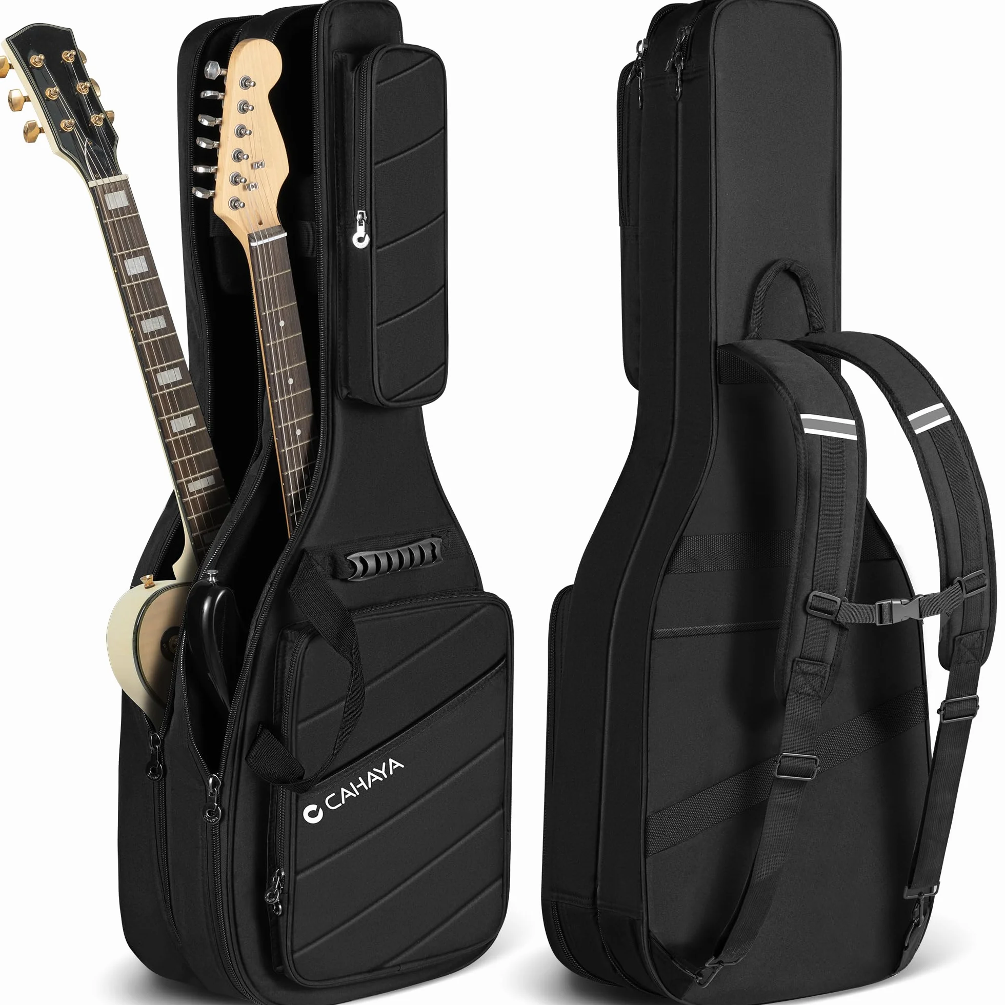 CAHAYA Bolsa para Doble Guitarra Eléctrica: Funda Suave Premium con Acolchado de 18 mm Compatible con ST (Stratocaster), LP (Les Paul) y Tele (Telecaster) con Bandas Reflectantes, Modelo CY00378-1