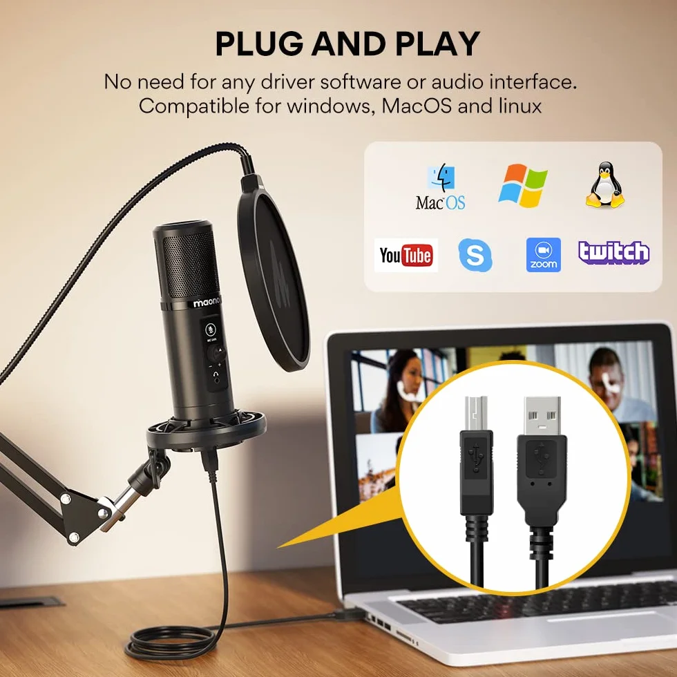MAONO Micrófono USB para PC, Micrófono Condensador Profesional con Silencio, Ganancia de Mic, Monitoreo de Latencia Cero, Kit Brazo para Streaming, Podcast,Gaming, Grabación, Twitch, Youtube, PM422