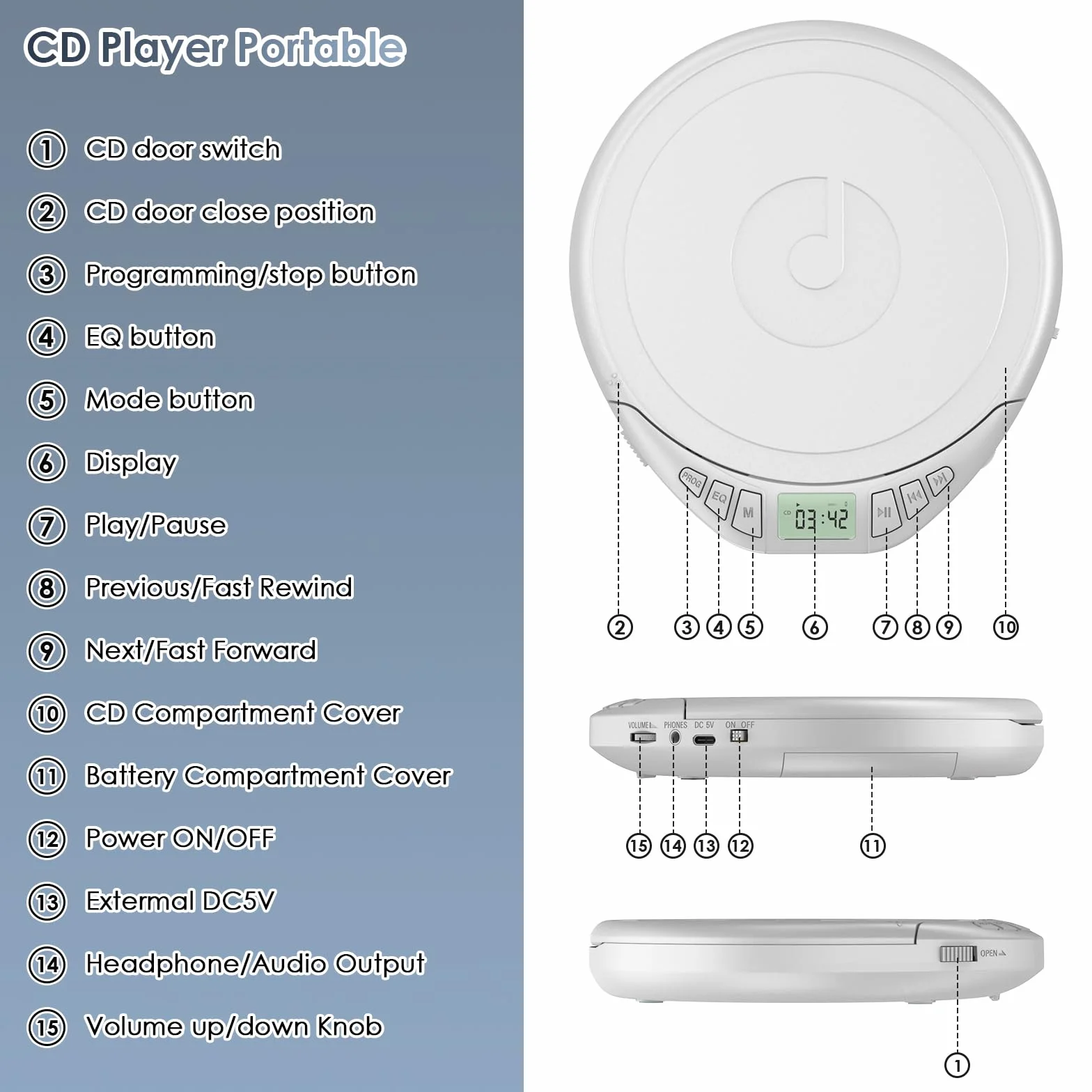Gueray Reproductor de CD HiFi Portátil con Pantalla LCD, Función Memoria, Repetición, Efecto Sonoro Plateado