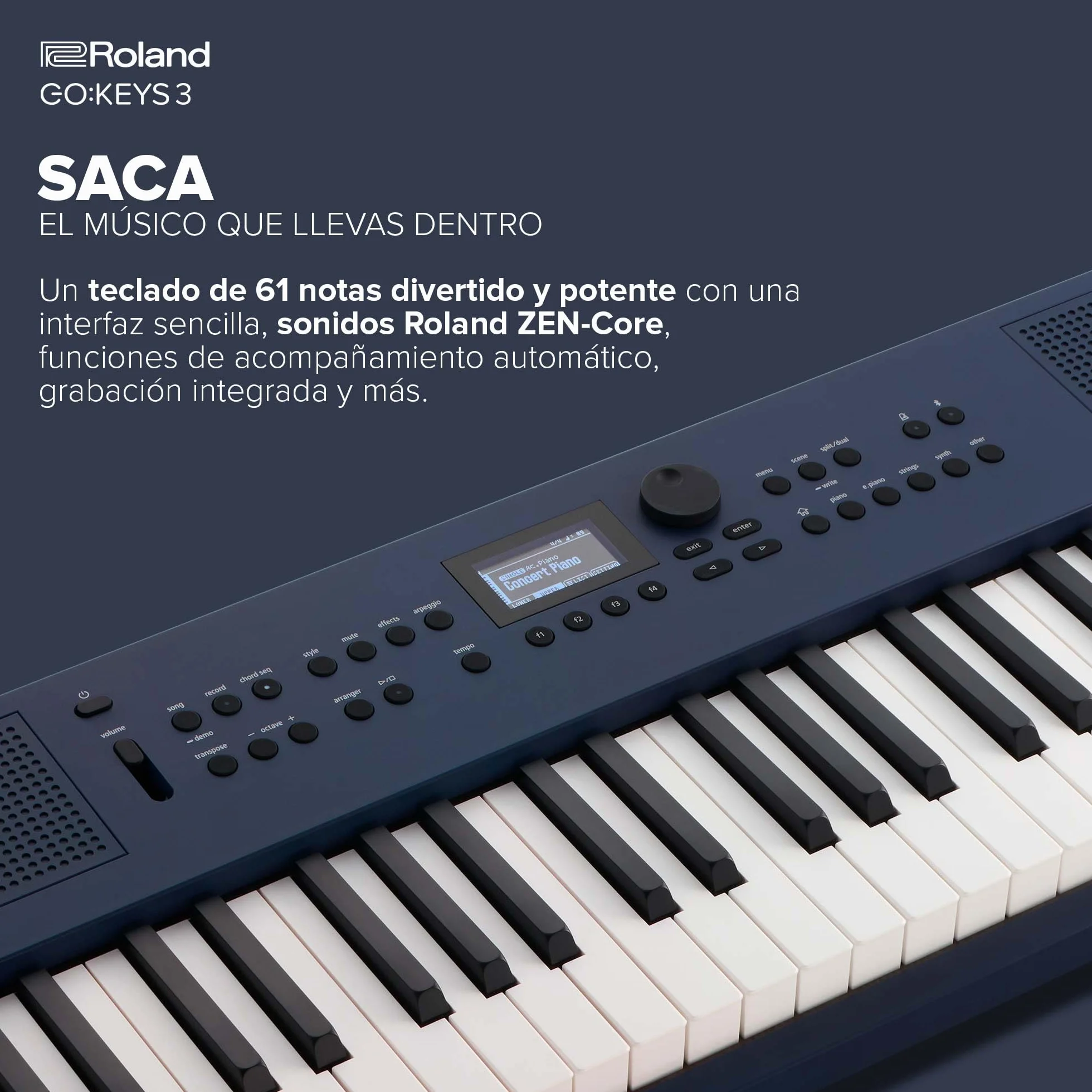 Teclado para creación musical Roland GO:KEYS 3 | Teclado de 61 notas | Generador ZEN-Core con más de 1.000 sonidos integrados | Altavoces estéreo integrados - Azul medianoche