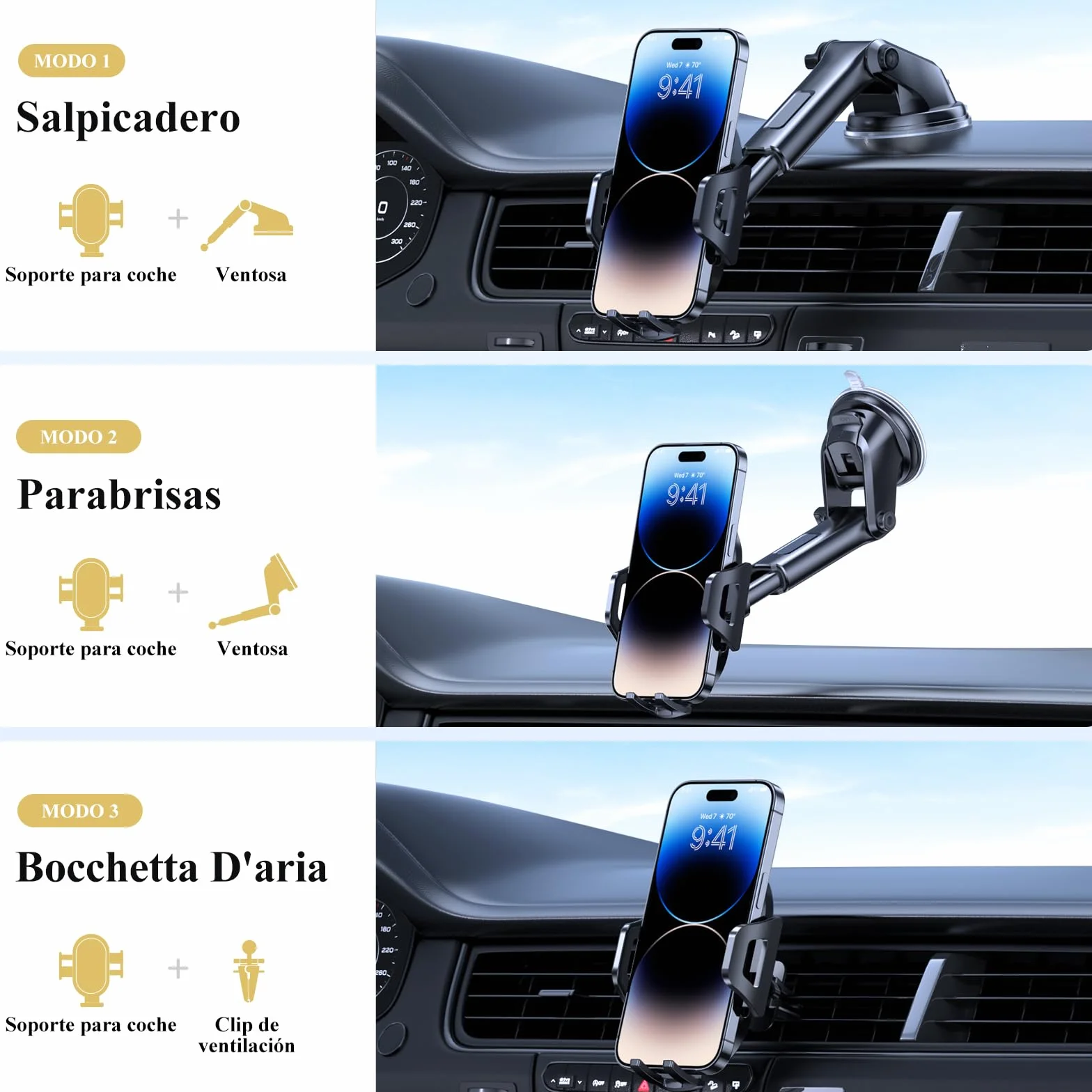 Miracase Soporte Móvil Coche 3 en 1 Universal Suporte Telemovel Carro Salpicadero Parabrisas Ventilación Compatible iPhone 16 15 14 13 12 11 Pro MAX XS XR X Android