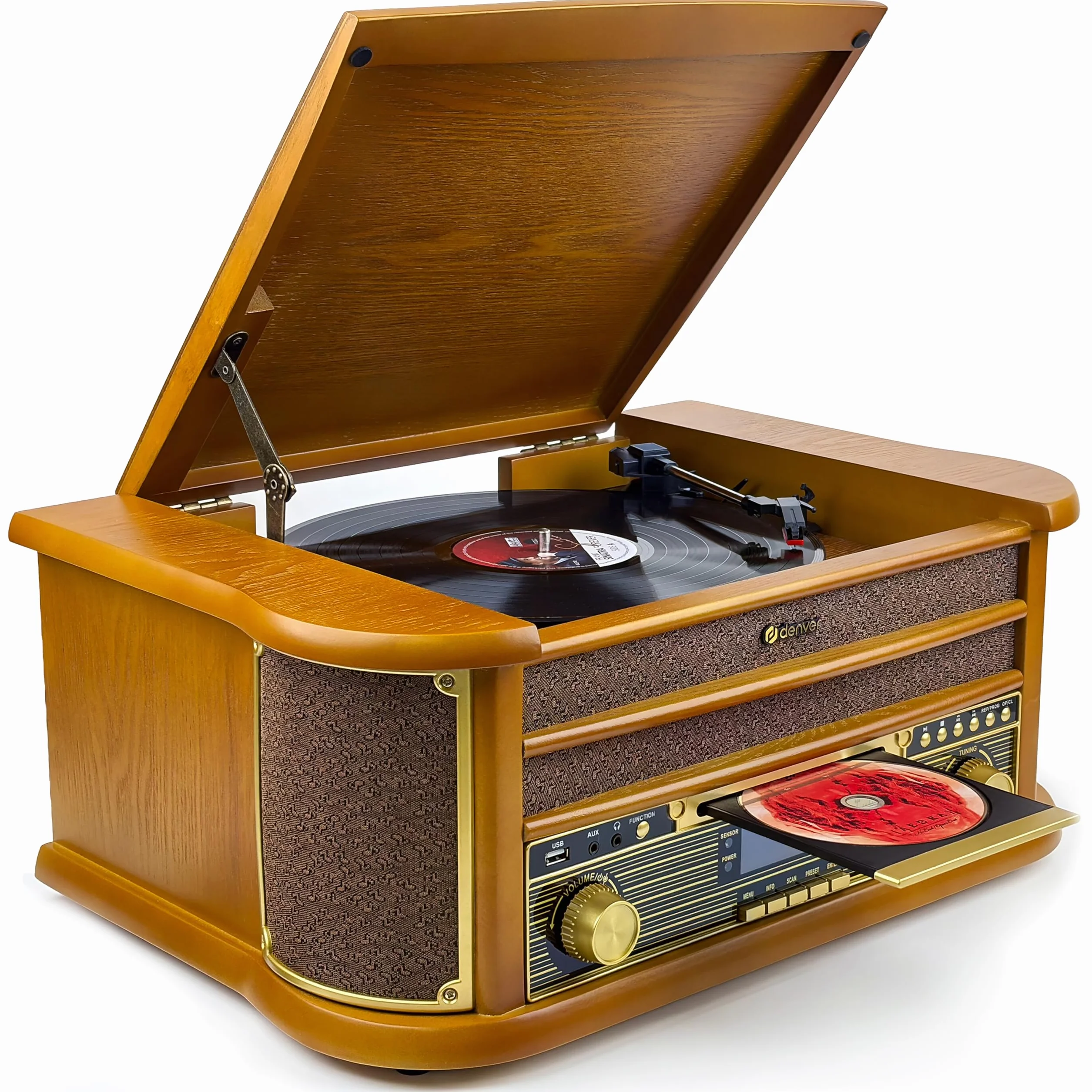 Denver MRD-51 Cadena Musical Retro Madera, Tocadiscos, CD, Casete, Dab+/FM, USB, grabación a USB, Altavoces Integrados