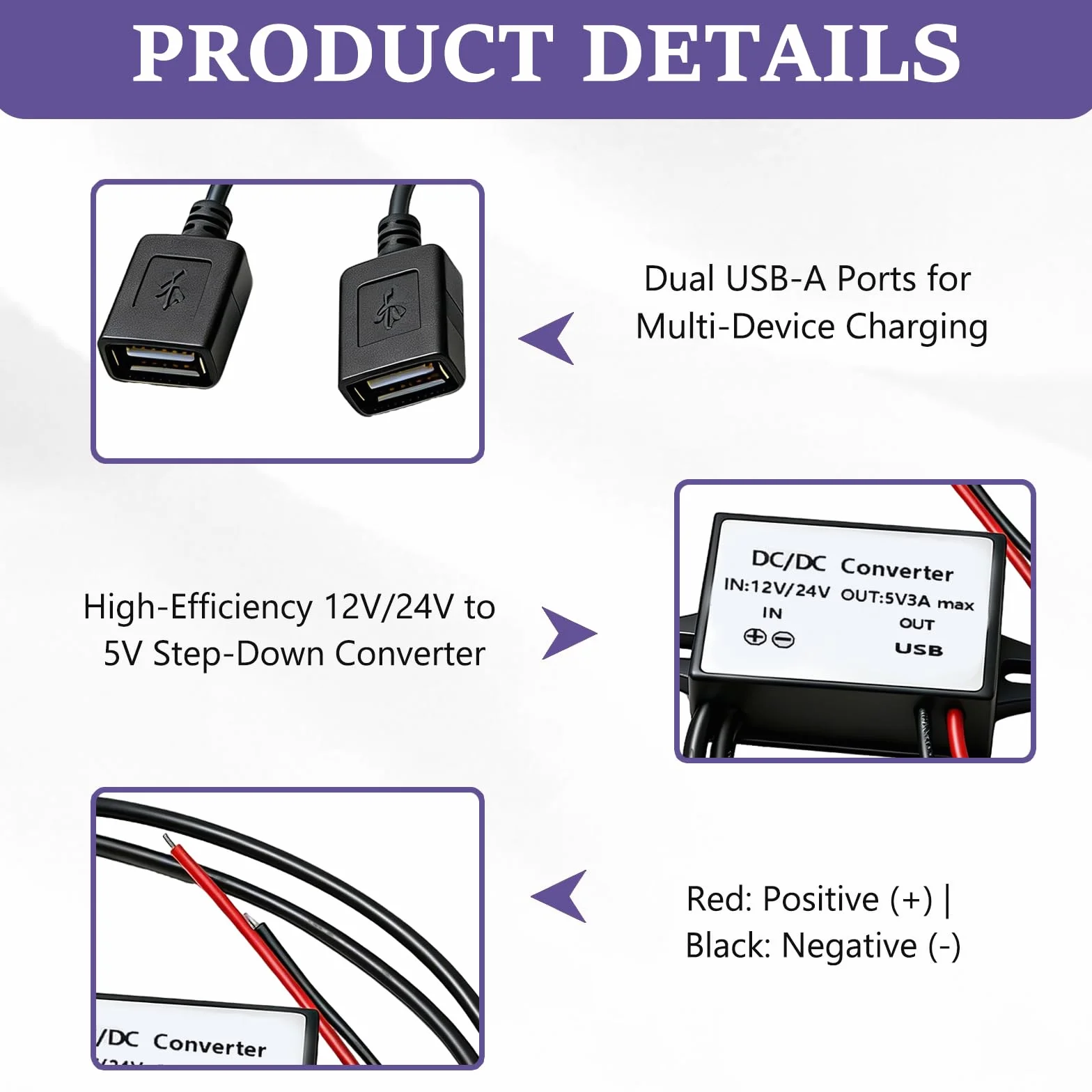 Convertidor DC 12V a 5V 3A, Módulo Convertidor con Doble Puerto USB, Adaptador Reductor de Voltaje para Coche, Barco y Panel Solar, Convertidor USB para Cargar Teléfonos GPS Radio Audio Monitor