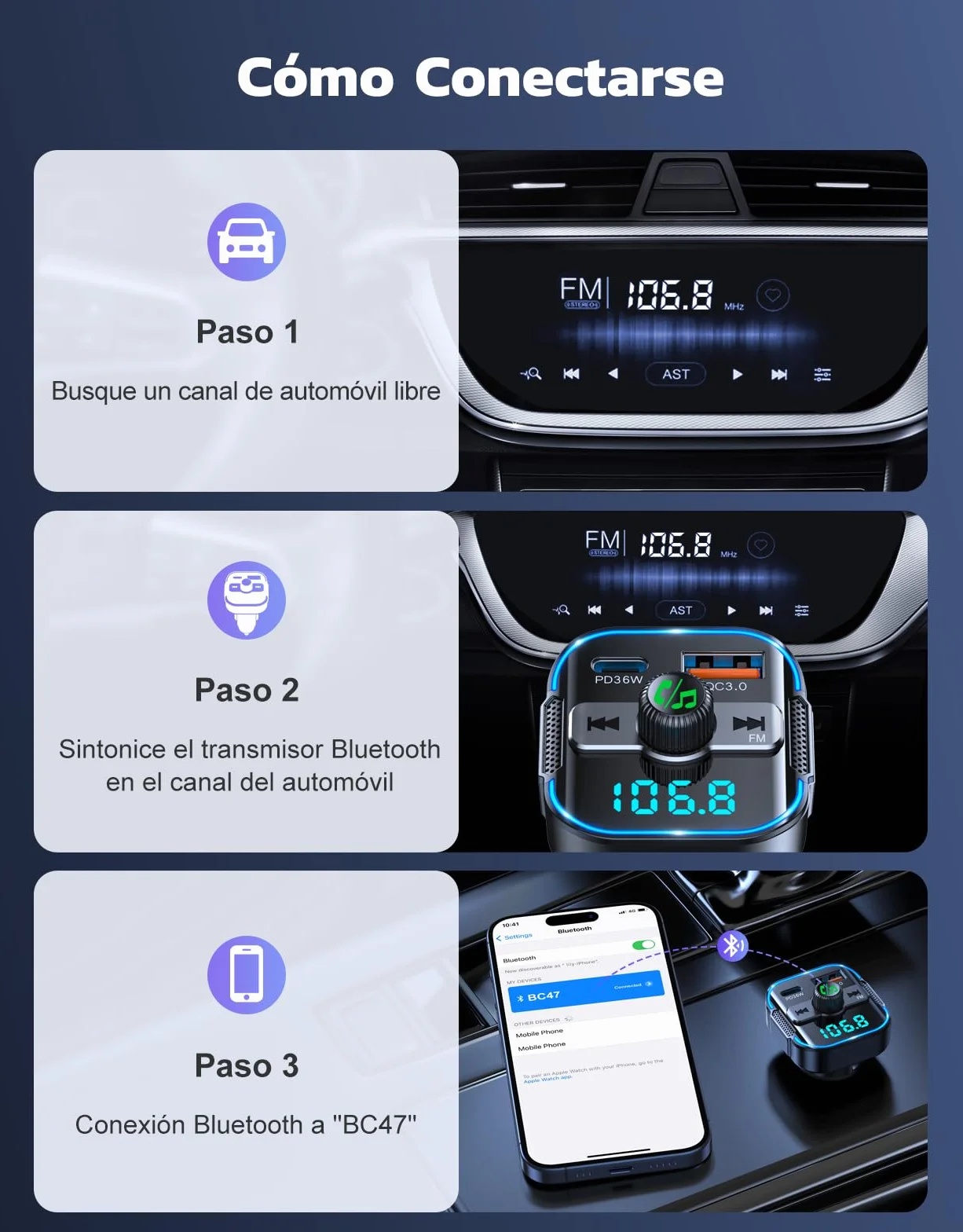 Glangeh 2026 Transmisor FM Bluetooth 5.3 Coche【PD 36W + QC 18W】, 2 en 1 【Micrófonos Duales】 Receptor Bluetooth y Cargador Rápido, Kit Manos Libres Coche Bluetooth, Asistente Siri/Musica