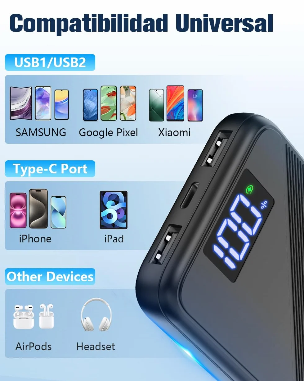 Power Bank 10000mAh, 22.5W Bateria Externa Carga Rapida, Bateria Portatil PD3.0 QC4.0 Cargador Portátil USB C Input & Output con Pantalla LED para iPhone 15 14 13 12 Pro MAX Xiaomi Samsung etc