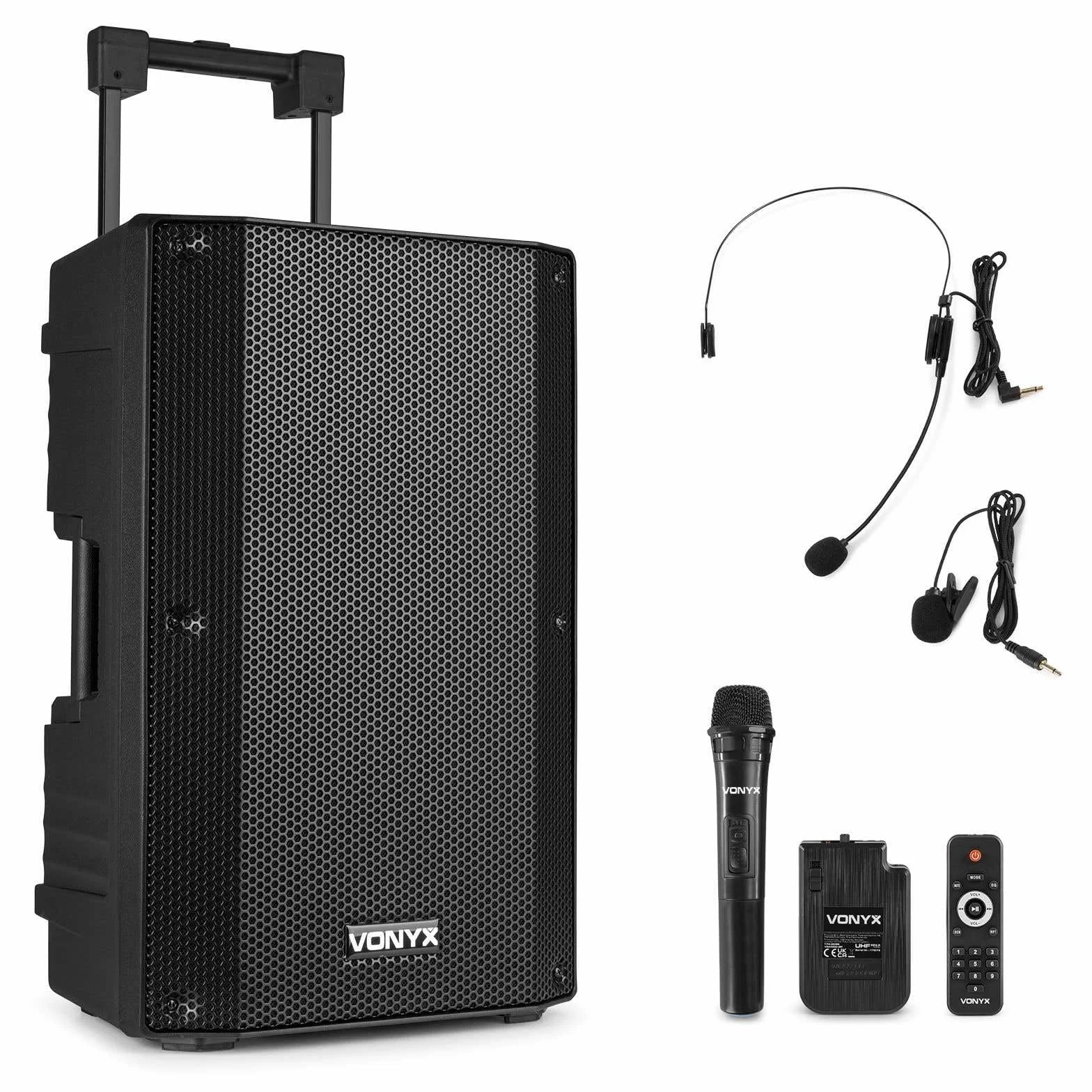 Vonyx VSA500-BP – Altavoz Bluetooth Grande Potente 12" 800W con micrófono inalámbrico de Mano y petaca UHF con micrófono de Diadema y Solapa, batería Recargable, USB, SD, Radio FM – Color Negro
