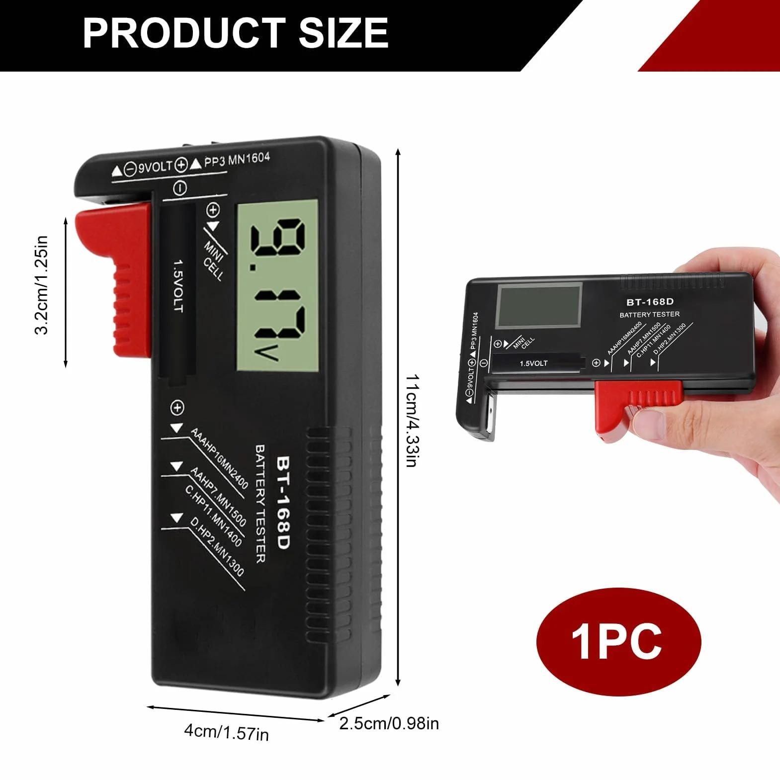 Comprobador de Pilas y Baterías Universal Digital BT-168D para Pantalla LCD, Medidor de Carga Pilas AA AAA C D 9V 1,5V y Pilas de Botón, Battery Tester Compacto y Portátil para Uso Doméstico