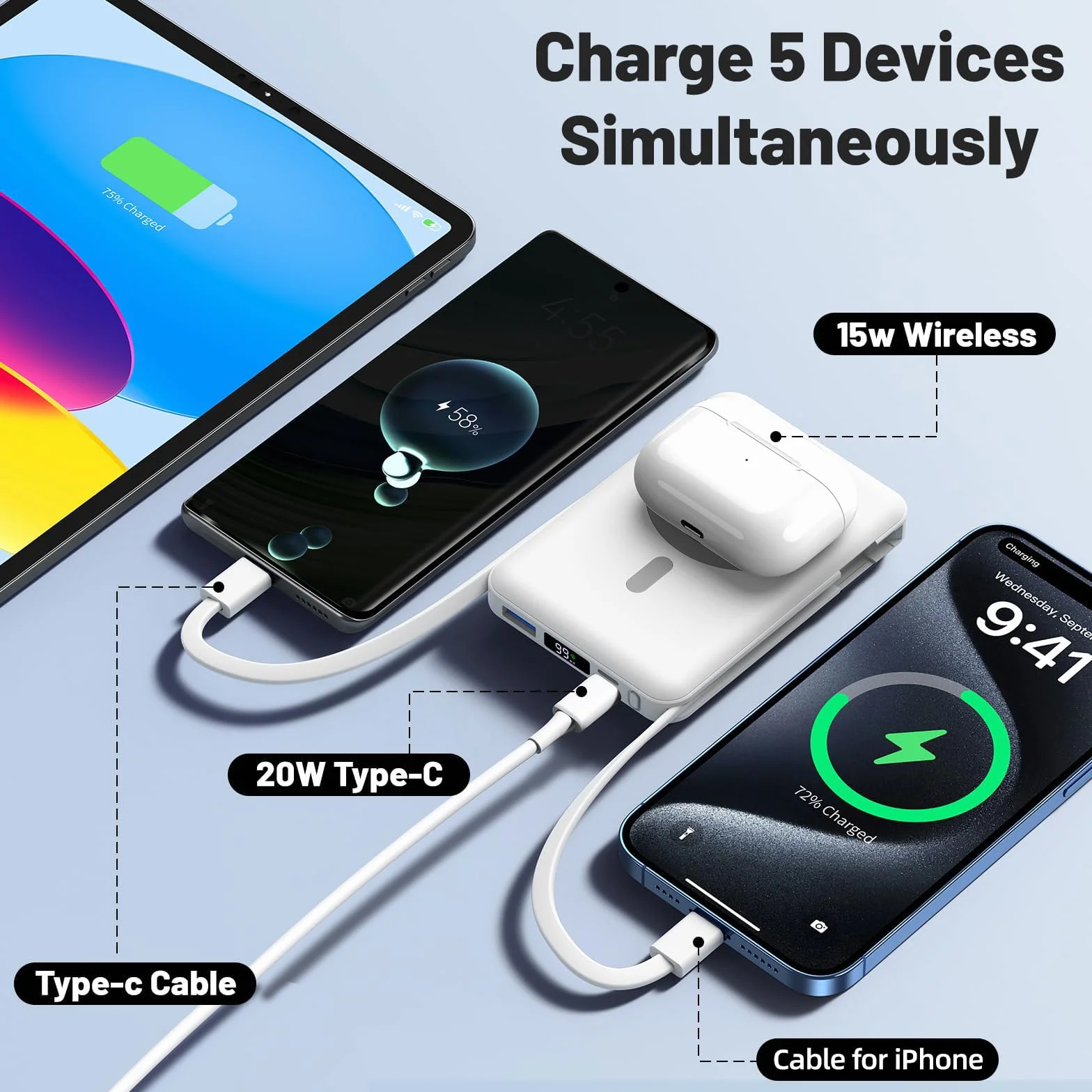 Azmuth Powerbank 10000mAh Magnético Bateria Externa Carga Rapida Inalámbrico con Pantalla LED USB-C para iPhone 17/16/15/14/13/12/Pro/Pro MAX