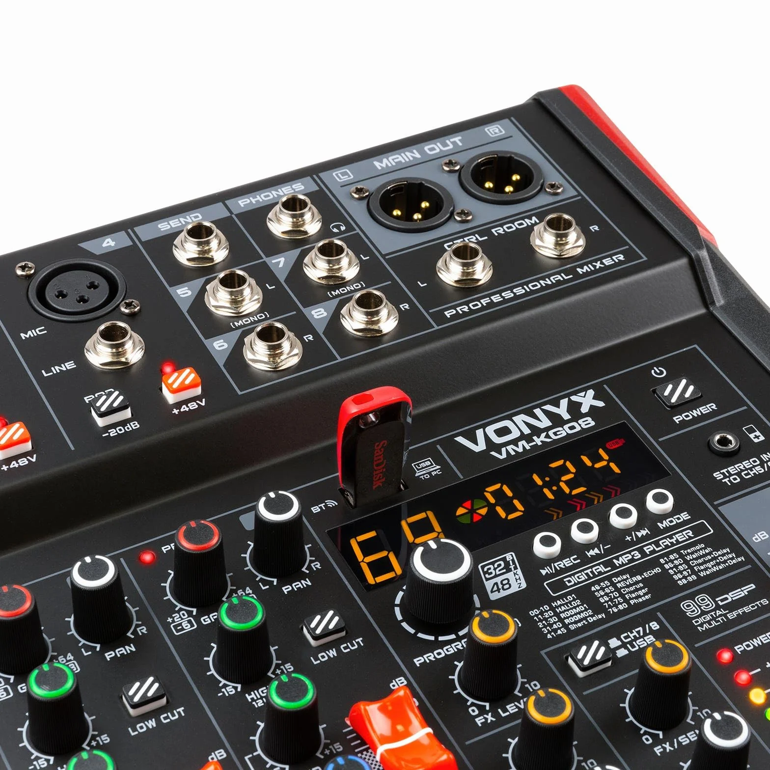 Vonyx VM-KG08 Consola de mezclas de 8 canales - Con Bluetooth, reproductor MP3, interfaz de audio USB, procesador de sonido, alimentación fantasma, pantalla LED, ideal para bares y locales pequeños
