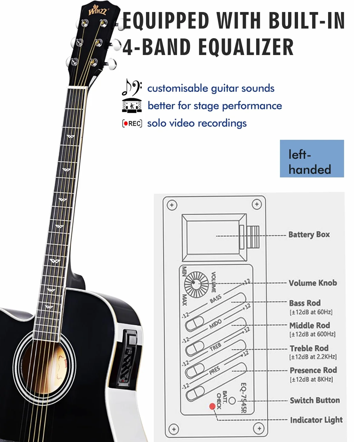 Winzz 4/4 Guitarra electroacústica, juego de guitarra western para zurdos, para principiantes adultos, guitarra acústica de 104 cm con ecualizador de 4 bandas (Dreadnought, negro brillante)