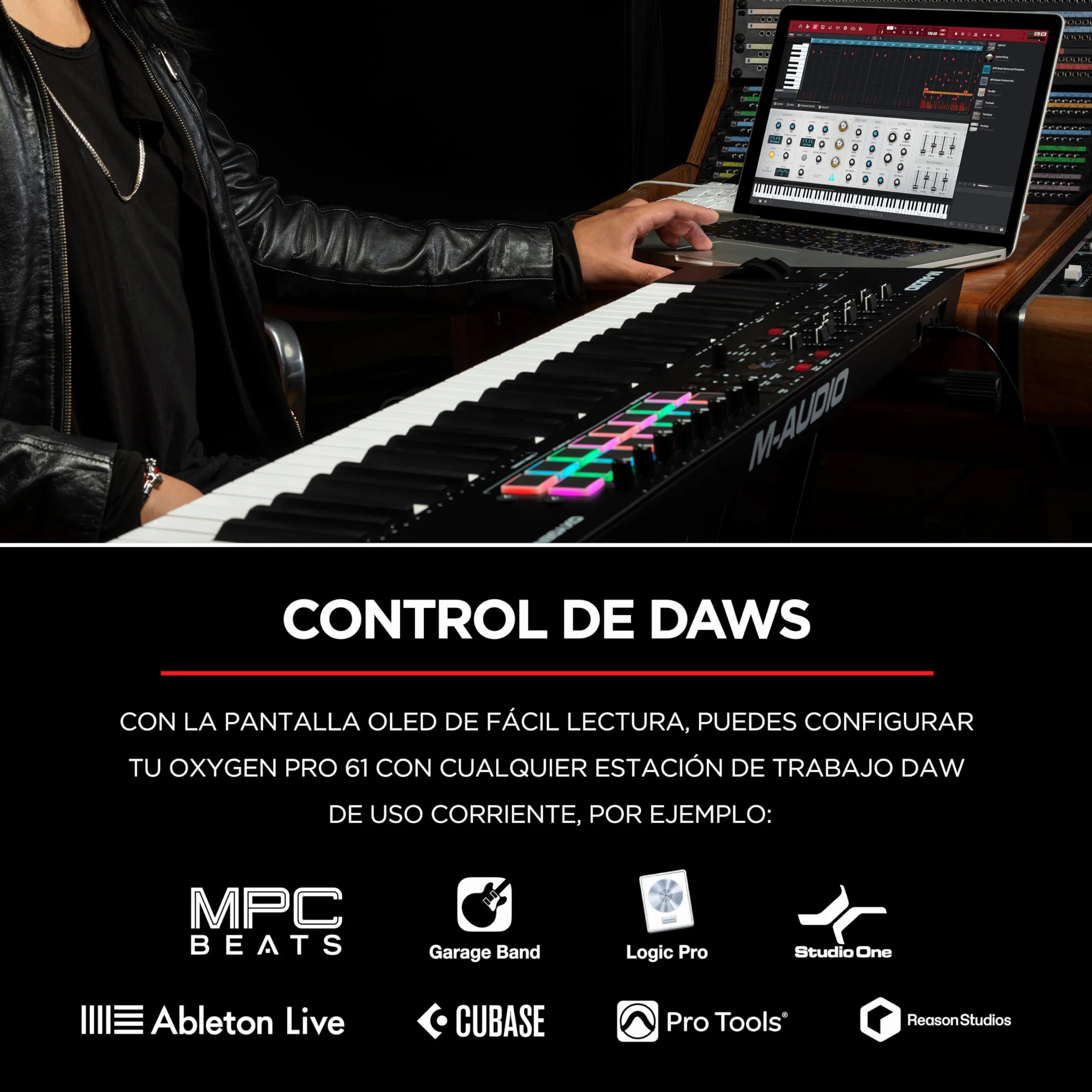 M-AUDIO Oxygen Pro 61 teclado controlador MIDI USB con 61 teclas, beat pads, perillas asignables de MIDI, botones y faders, más pack de sonidos de Native Instruments (integración de NKS)