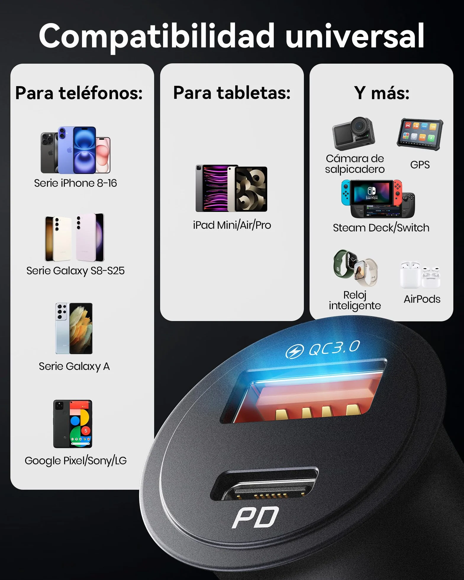 INIU Cargador Coche Carga Rápida 60W, 12V USB-C para iPhone 17 16 15 Pro MAX, Samsung S25, Xiaomi