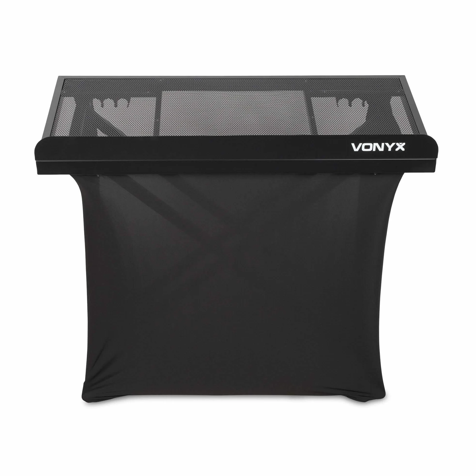 Vonyx DBE100 – Cabina DJ Plegable de 1 m de Ancho con Altura Regulable 80-99,2 cm, Mesa DJ portátil de Aluminio Negro con Lycra Negra ignífuga y Bolsa Transporte para DJ móvil