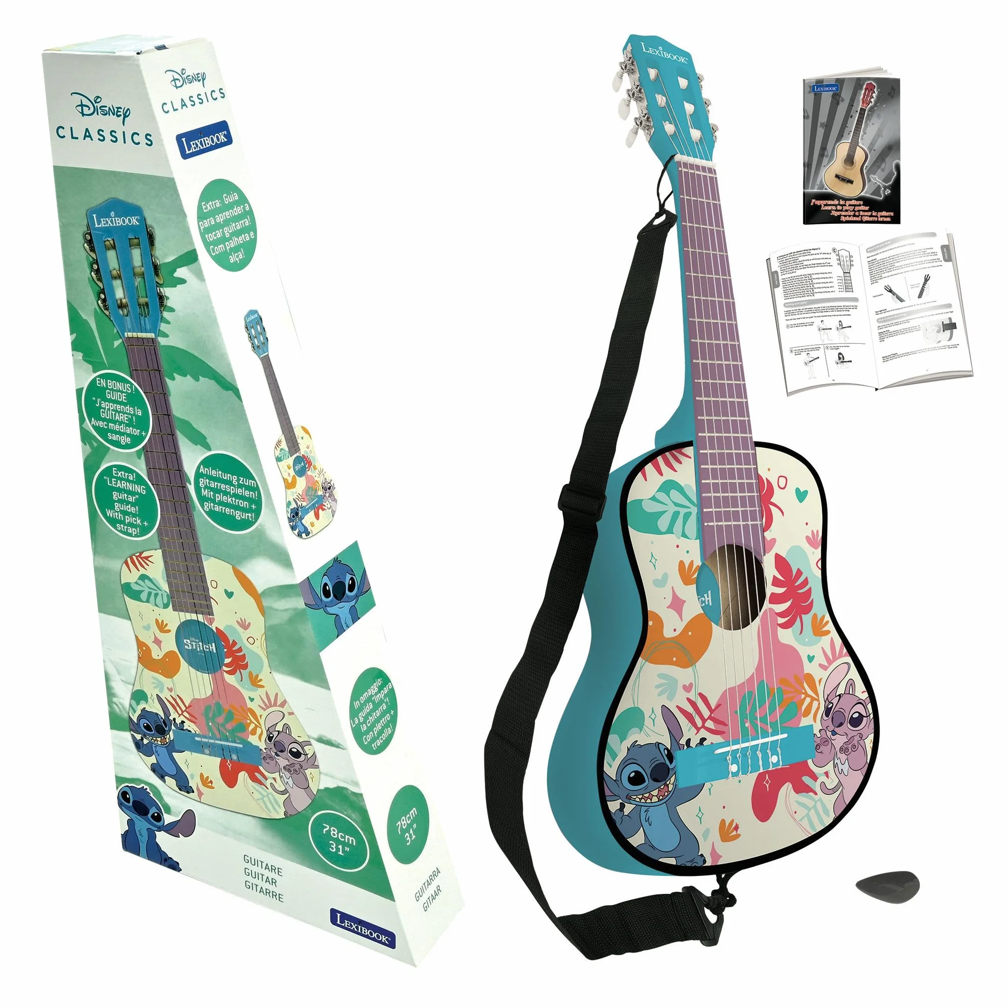 Lexibook, Disney Stitch, Mi Primera Guitarra acústica de Madera, 6 Cuerdas de Nylon, 78 cm (30"), Guía de Aprendizaje, púa y Correa Incluidas, Azul, K2000DLXB
