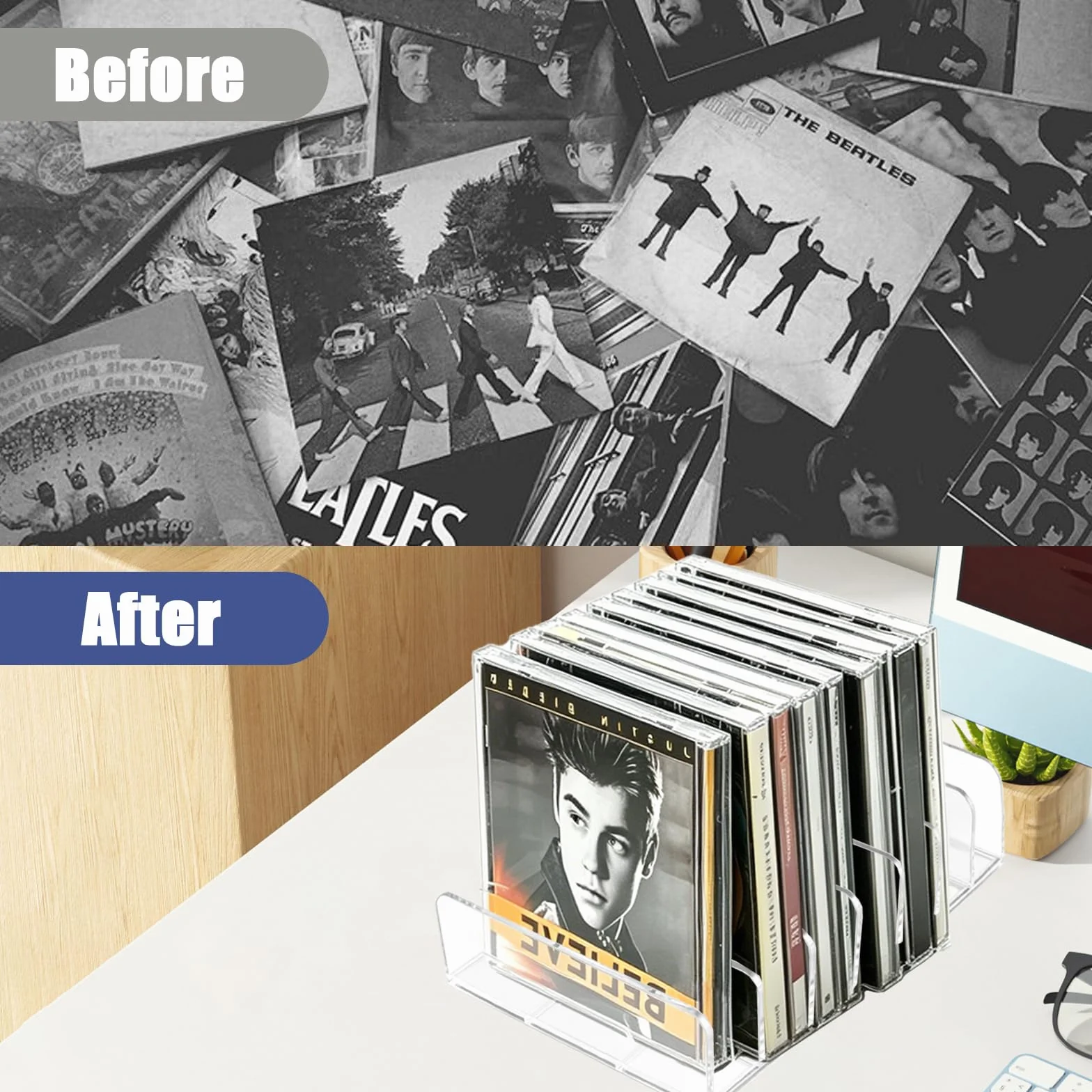 Organizador transparente para CD/DVD de acrílico – Conjunto de 4 piezas – Almacenamiento para CDs, DVDs, cintas, cintas de juegos y libros – Diseño elegante con soporte estable para una presentación