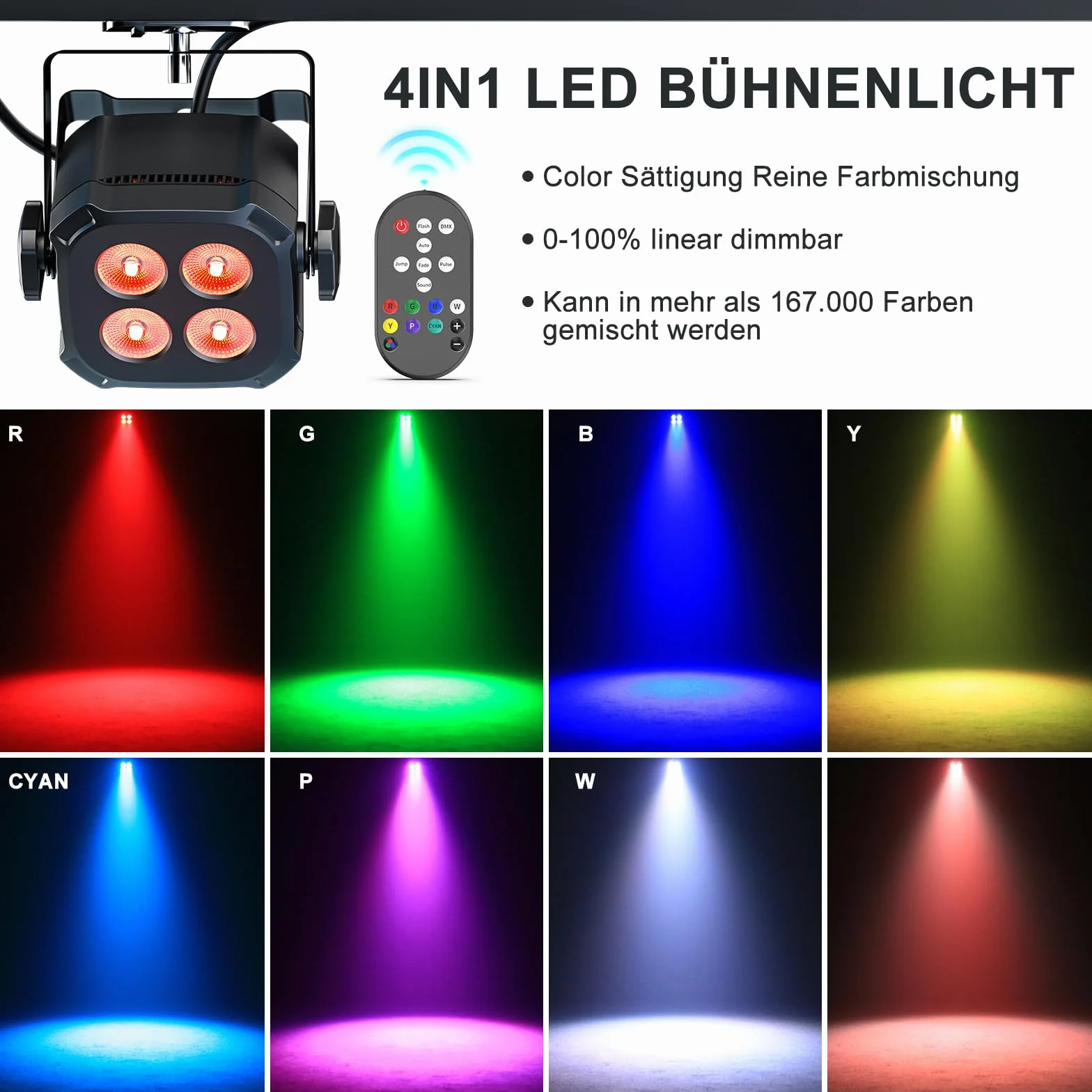 4PCS RGBW Foco Par LED, 40W Luces Discoteca DMX 4/8CH con Control Remoto/Sonido Activado Luz de Escenario, Luces Fiesta para DJ, Bar, Boda, Halloween, Navidad