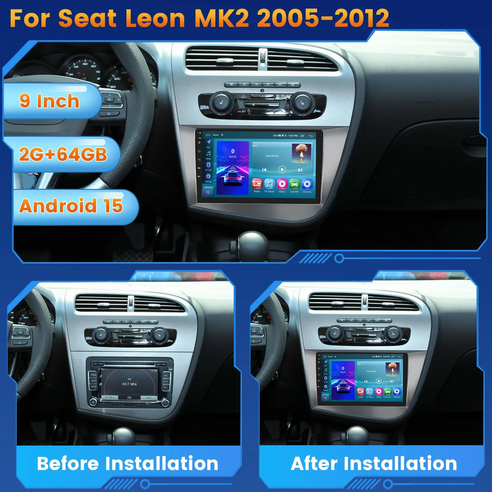 Inefala Radio Coche 2 DIN Android 15 2+64GB para Seat Leon MK2 2005-2012, Radio Coche Bluetooth con Pantalla 9 Pulgadas CarPlay sin Cables y Android Auto GPS WiFi FM/RDS SWC USB Cámara Trasera Mic