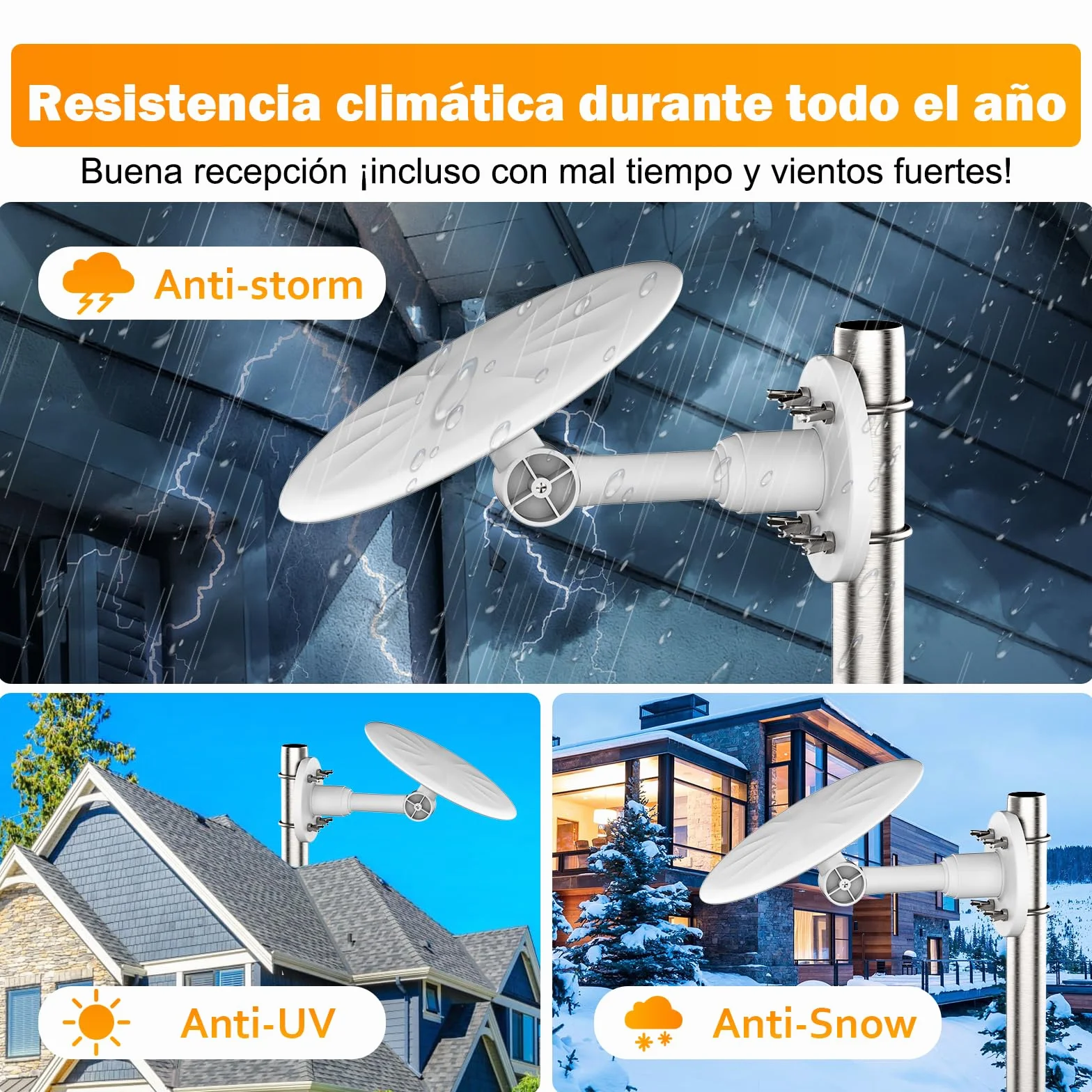 Antena TV Exterior 2026 Mejorada, Antena TDT Digital DVB-T2 HD 4K de Largo Alcance, Recepción 720°, Compatible con Smart TV, Instalación en Tejado, Terraza, Pared y Caravana, Cable 10 m(Blanco)