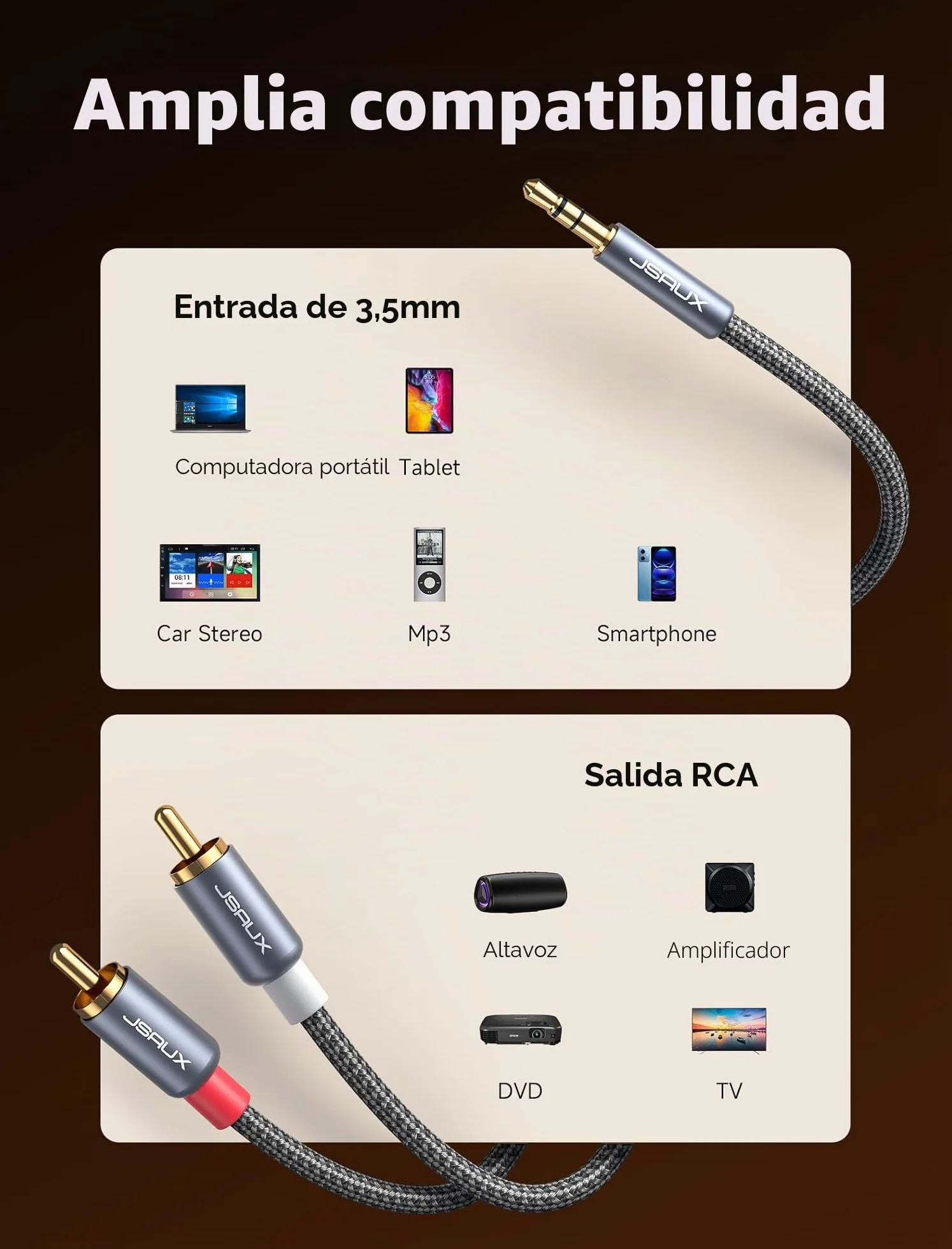 JSAUX Cable RCA a 3,5 mm de 6,6 pies, adaptador macho a macho, cable trenzado de nailon 1/8 para smartphones, MP3, tabletas, altavoces, HDTV, color gris