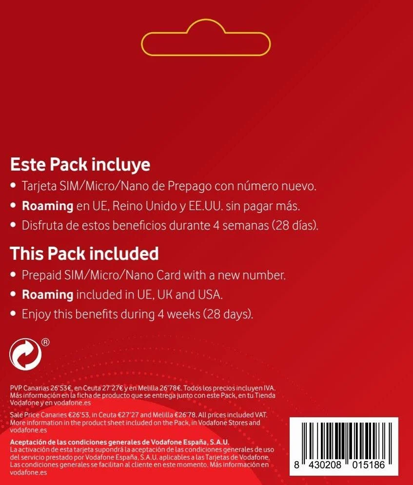 Vodafone Prepago XL 45GB + Llamadas Ilimitadas Roaming Europa y EEUU