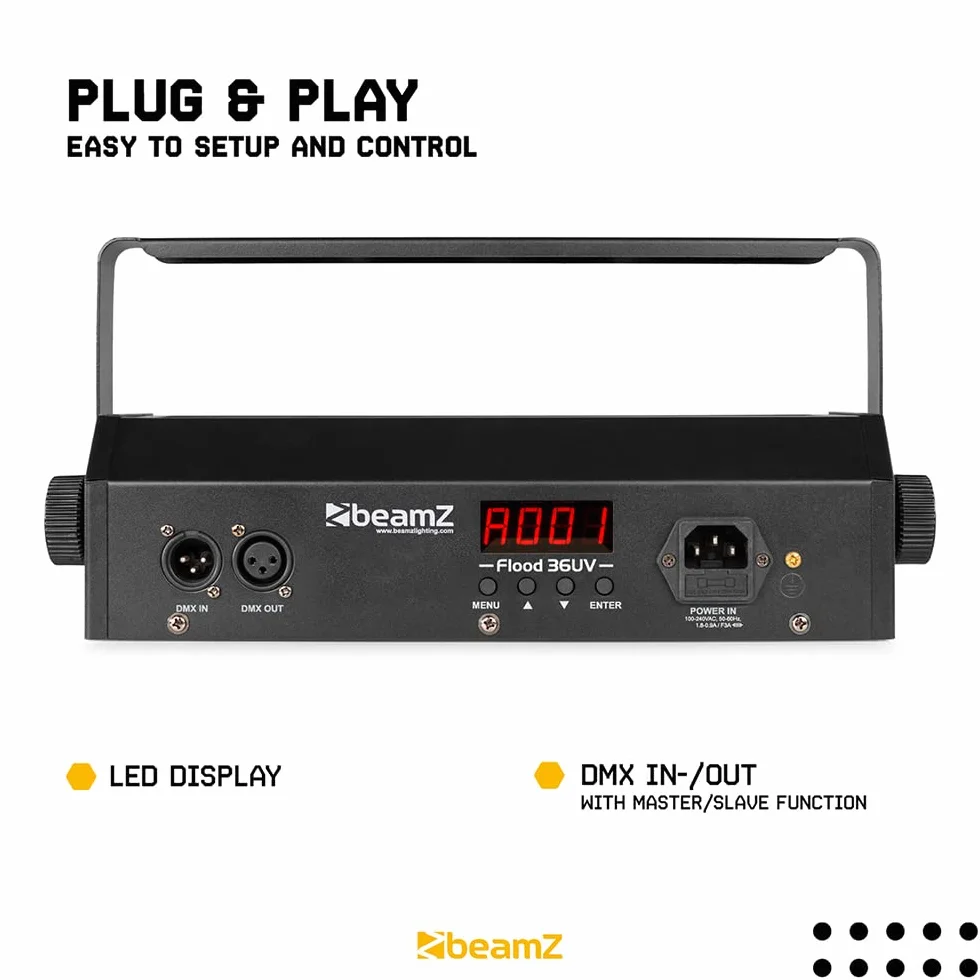 BeamZ Flood 36UV Luz LED Negra con 36 leds de 3W ultravioleta, Juego de Luces, DMX, XLR, Control de Sonido, Pantalla LED, Función Estroboscópica, Ideal para Fiestas Temáticas, discoteca, eventos