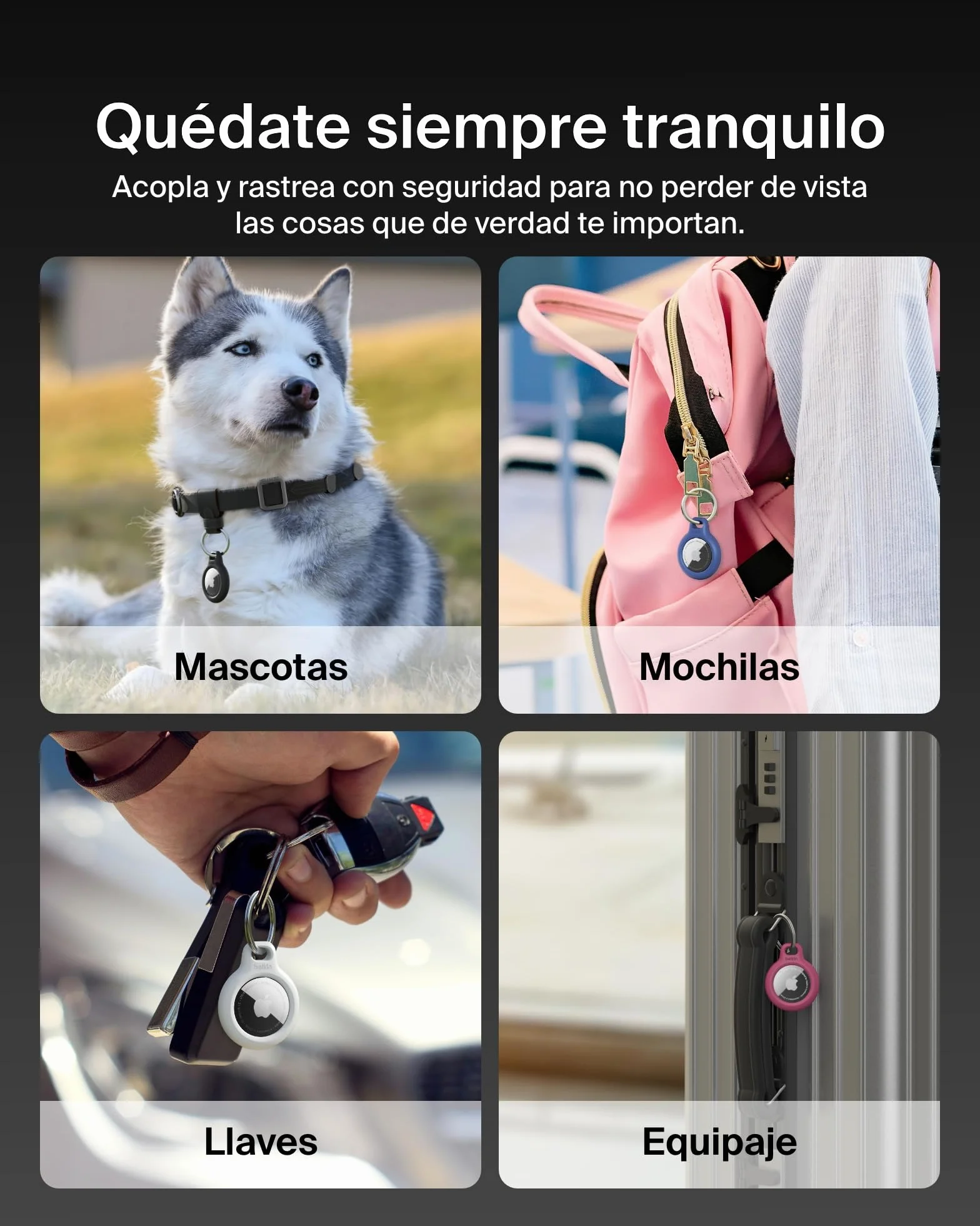 Belkin Llavero AirTag, Funda AirTag Resistente a los Arañazos con Frontal Abierto, Bordes Elevados, Cobertura, Cubierta, Localizador de Llaves, Mascotas, Maletas, Equipaje, Mochila y Otros, Negro
