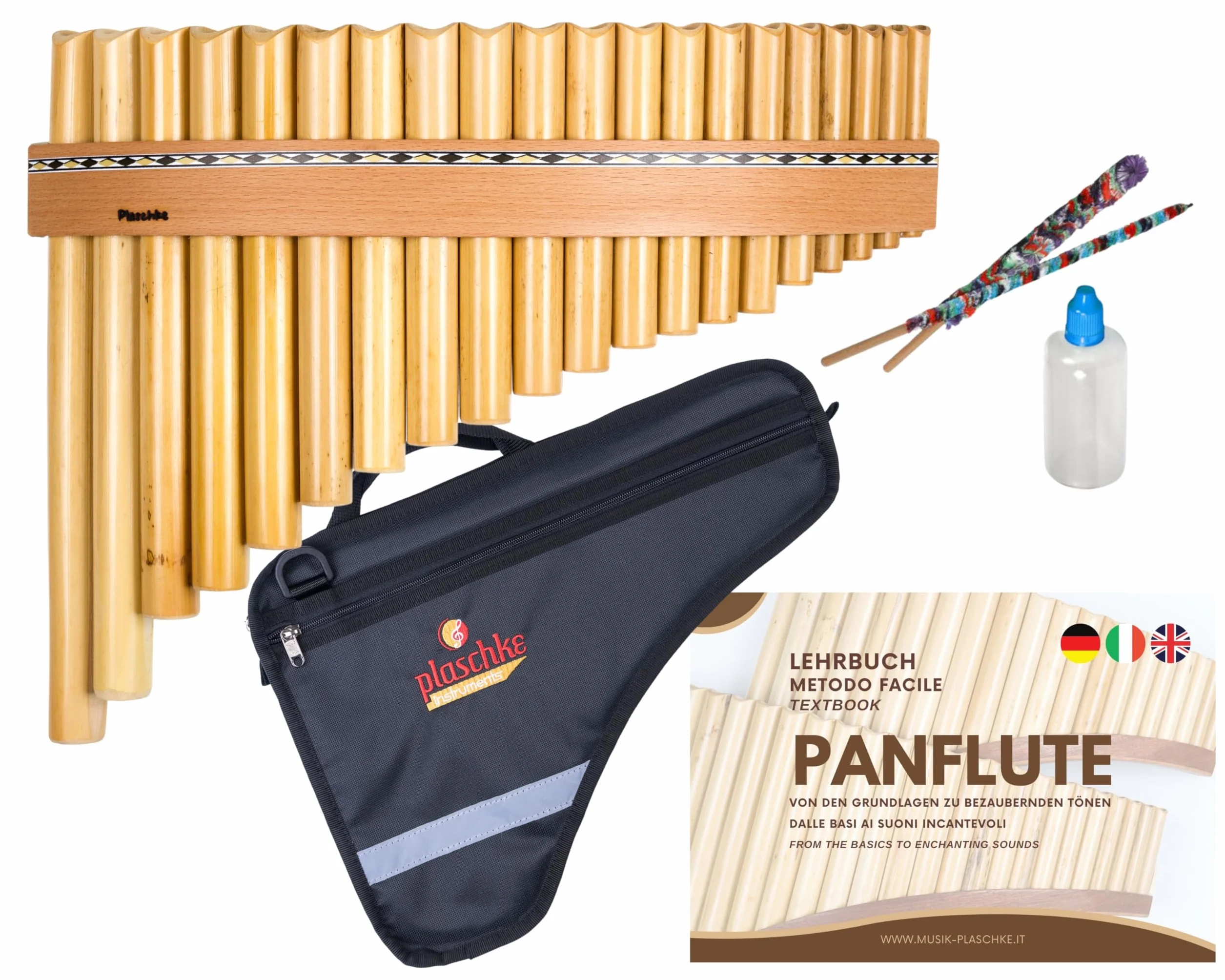 Plaschke Instruments Flauta de pan del Tirol del Sur, paquete con bolsa, libro de aprendizaje, kit de cuidado, 20 tonos en G mayor
