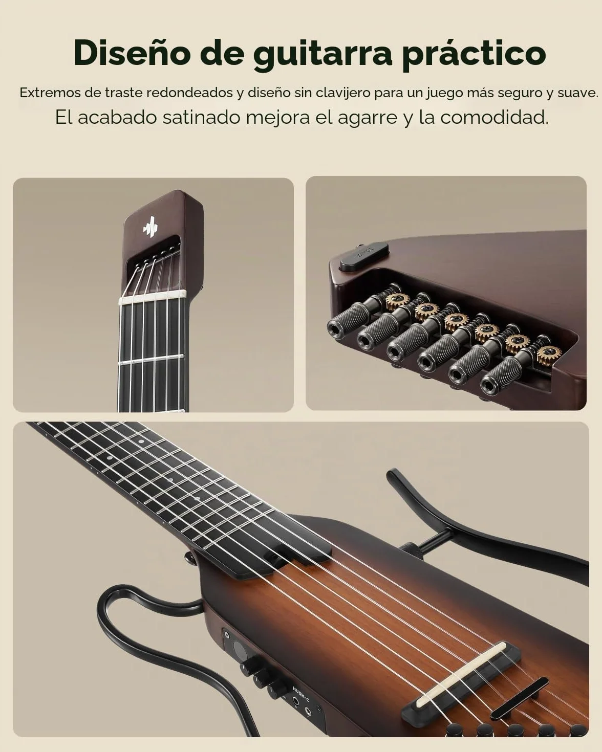 Donner HUSH-C Guitarra de Viaje con Cuerdas de Nylon, Guitarra Electroacústica Portátil, Ultraligera para Práctica Silenciosa con Auriculares, Afinador Integrado y Funda, Sunburst