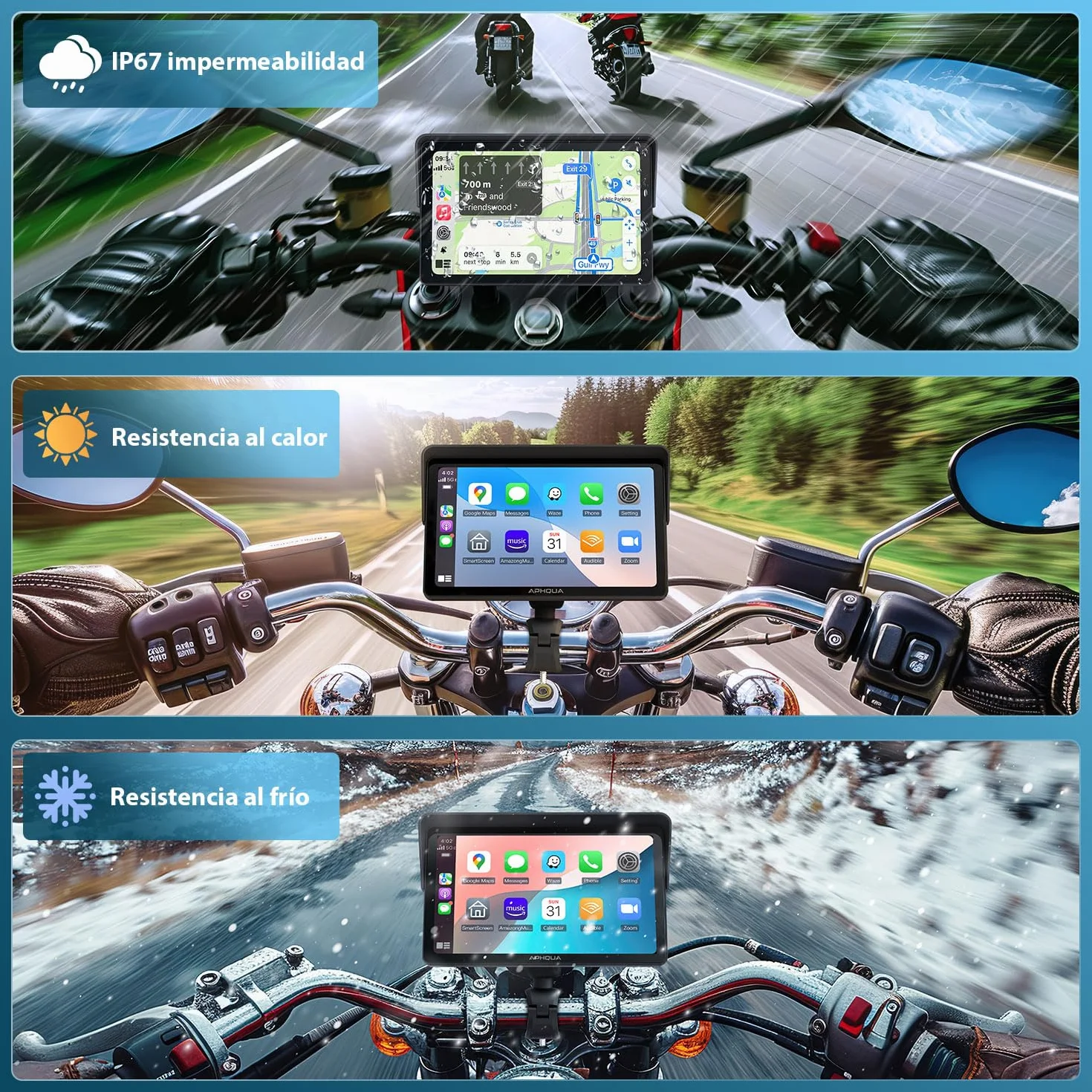 CarPlay Moto Soporte Forma U 7" Pantalla Táctil Impermeable Bluetooth GPS Navegación Android Auto Inalámbrico
