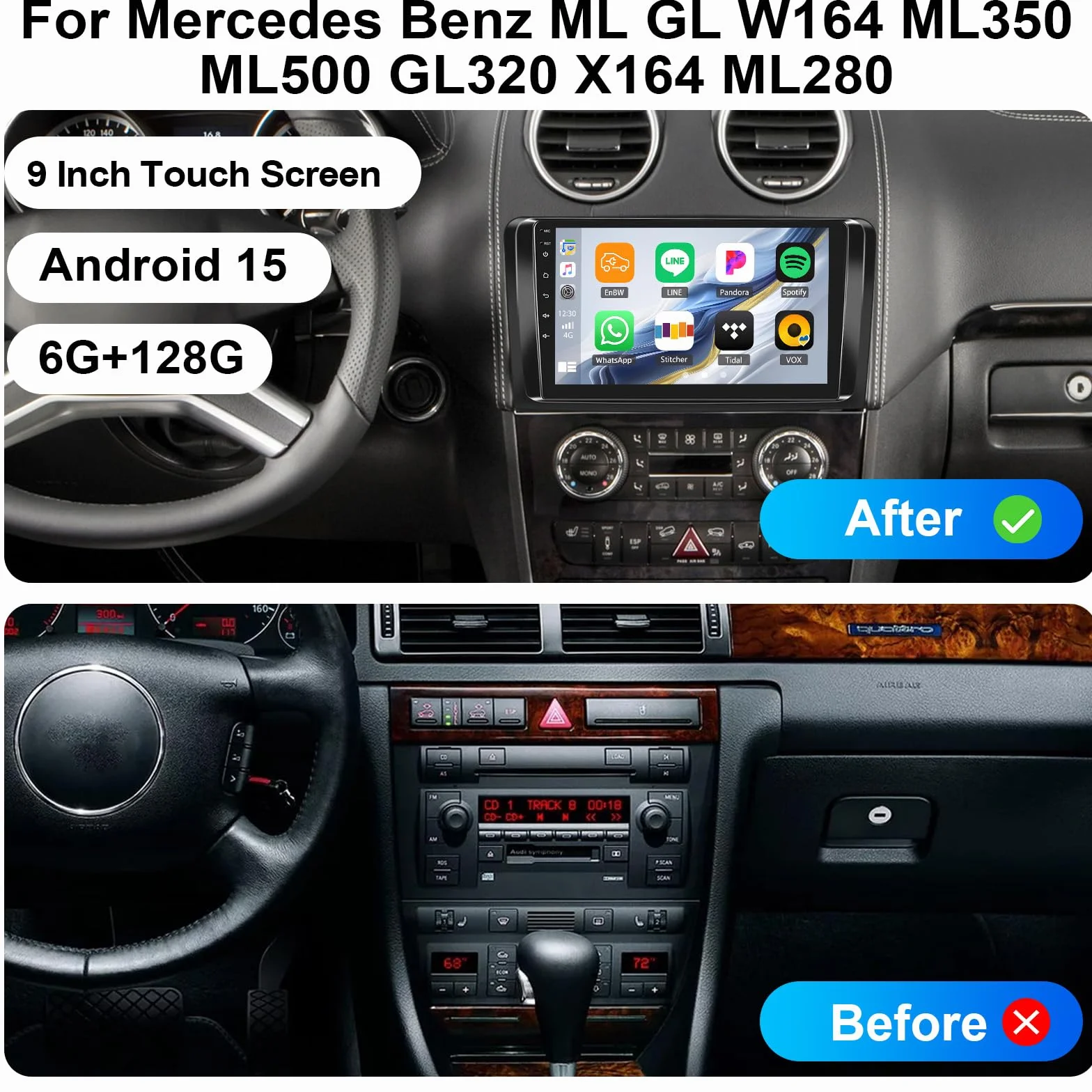 Android 15, 6G+128G 8Core GOHHDL Radio Coche para Mercedes Benz ML GL W164 ML350 ML500 GL320 X164 ML280, Pantalla de Coche de 9 Pulgadas con Carplay Android Auto BT GPS Navi WiFi FM/RDS SWC Cámara&MIC