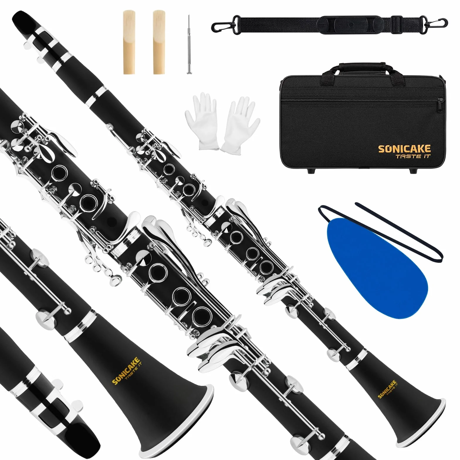 SONICAKE Clarinete en Sib para Principiantes, Clarinete de Ebonita Niquelado con Barriles, Cañas, Boquilla Original, Estuche Rígido QCR-01