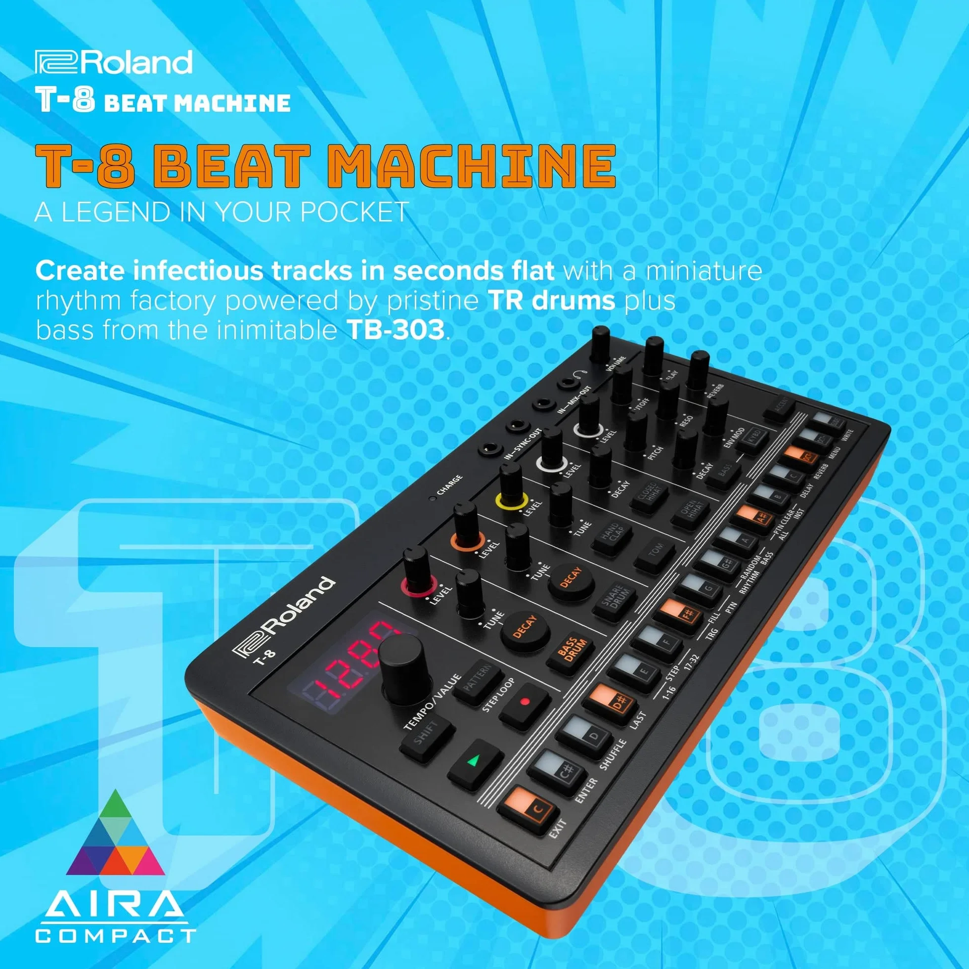 ROLAND AIRA Compact T-8 BEAT MACHINE | Máquina de ritmo y bajo ultraportátil con original Roland Sounds | Seis pistas rítmicas con sonidos de TR-808, TR-909 y TR-606, negras y naranjas