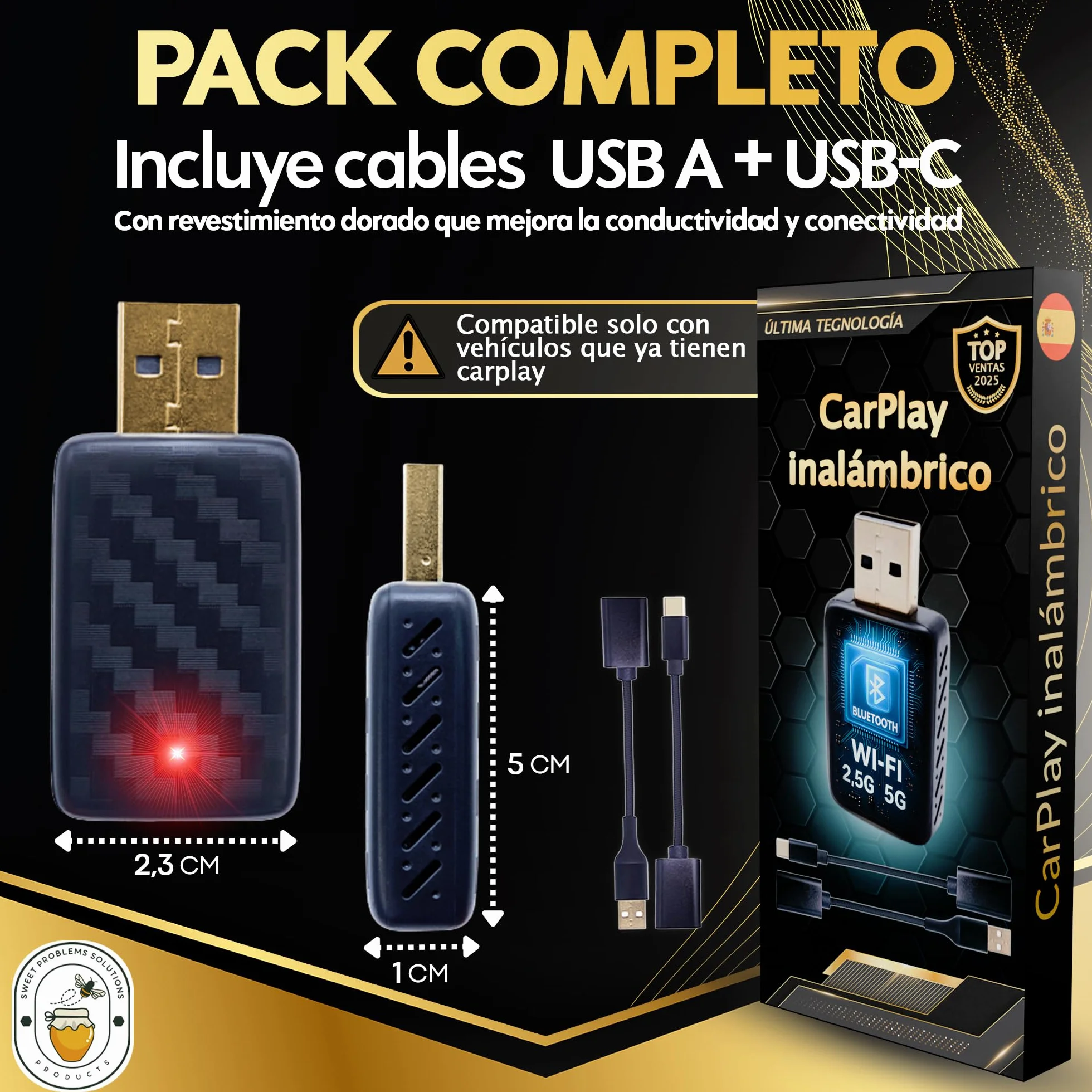 SweetSolutions© Adaptador Carplay Inalámbrico | Android Auto |2 En 1| Convierte Conexión por Cable a Inalámbrica para Coche | Compatible con iOS 10+ y Android 11+, USB-C/A, 6GHz WiFi
