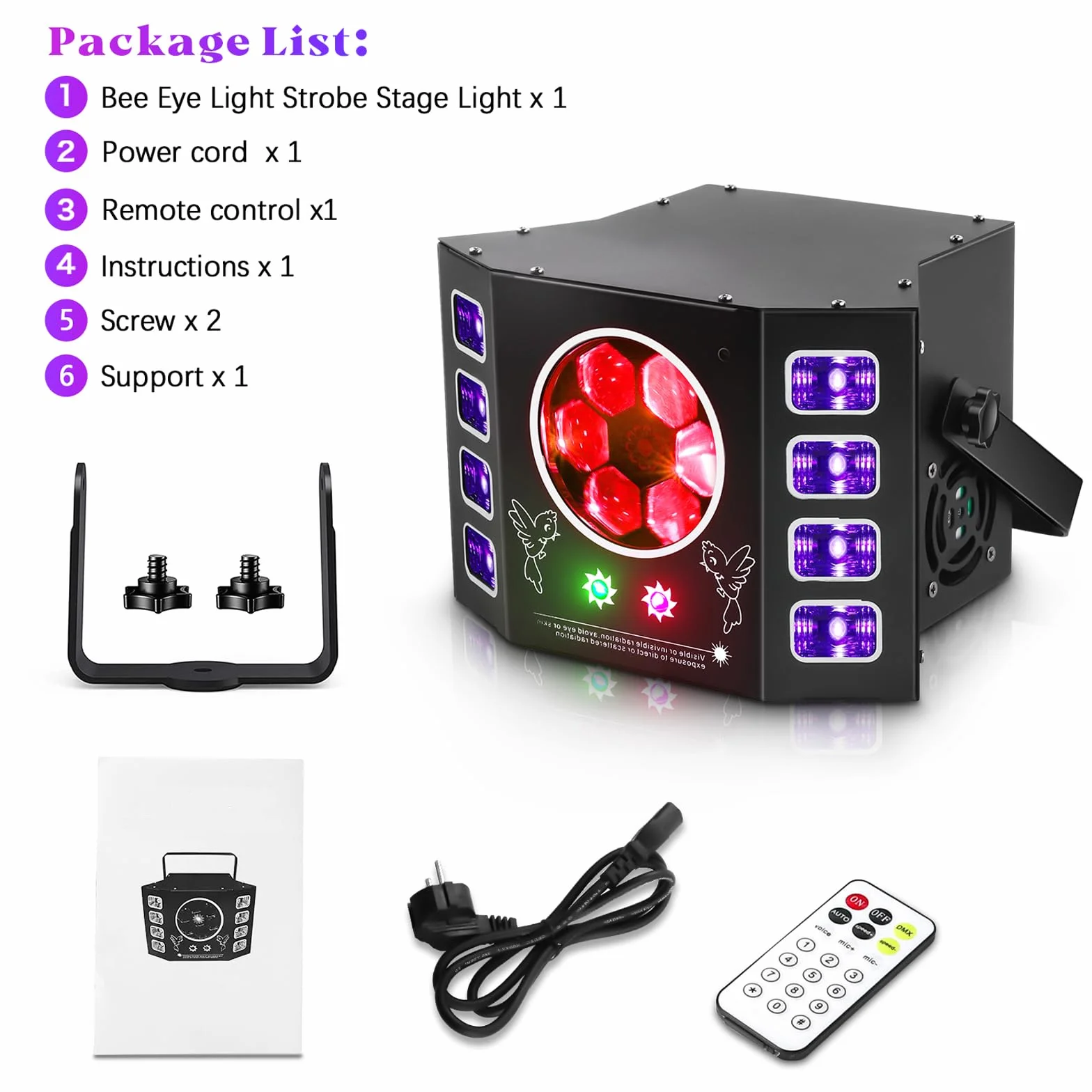 Luce discoteca 100 W, luz de fiesta, ojo de abeja, luz de flash UV, DMX de 14 canales con control de voz, mando a distancia, adecuado para bodas, fiestas de cumpleaños, Halloween, eventos de bar