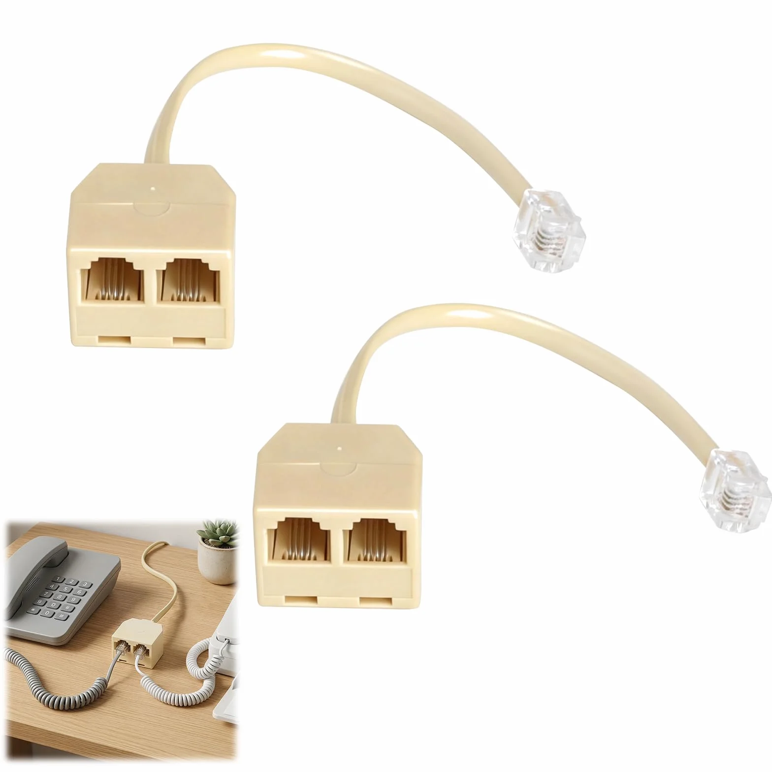 HENGBIRD 2 Piezas Divisor RJ11 para Teléfono Fijo, Adaptador de Teléfono a RJ11 6P4C, 1 Macho a 2 Hembra, Divisor Telefónico Fijo RJ11 para Cable Teléfono Fijo, Fax y Teléfono, Beige