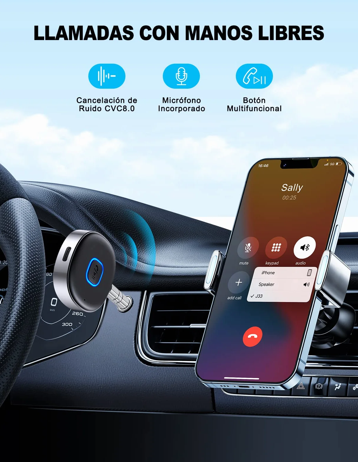 Mohard Receptor Bluetooth 5.0, AUX Adaptador Bluetooth Coche Audio Jack 3.5mm para Estéreo Domestico/Altavoz/Auriculares con Cable, Llamadas Manos Libres y Conexión Dual, Tiempo de Reproducción 16H