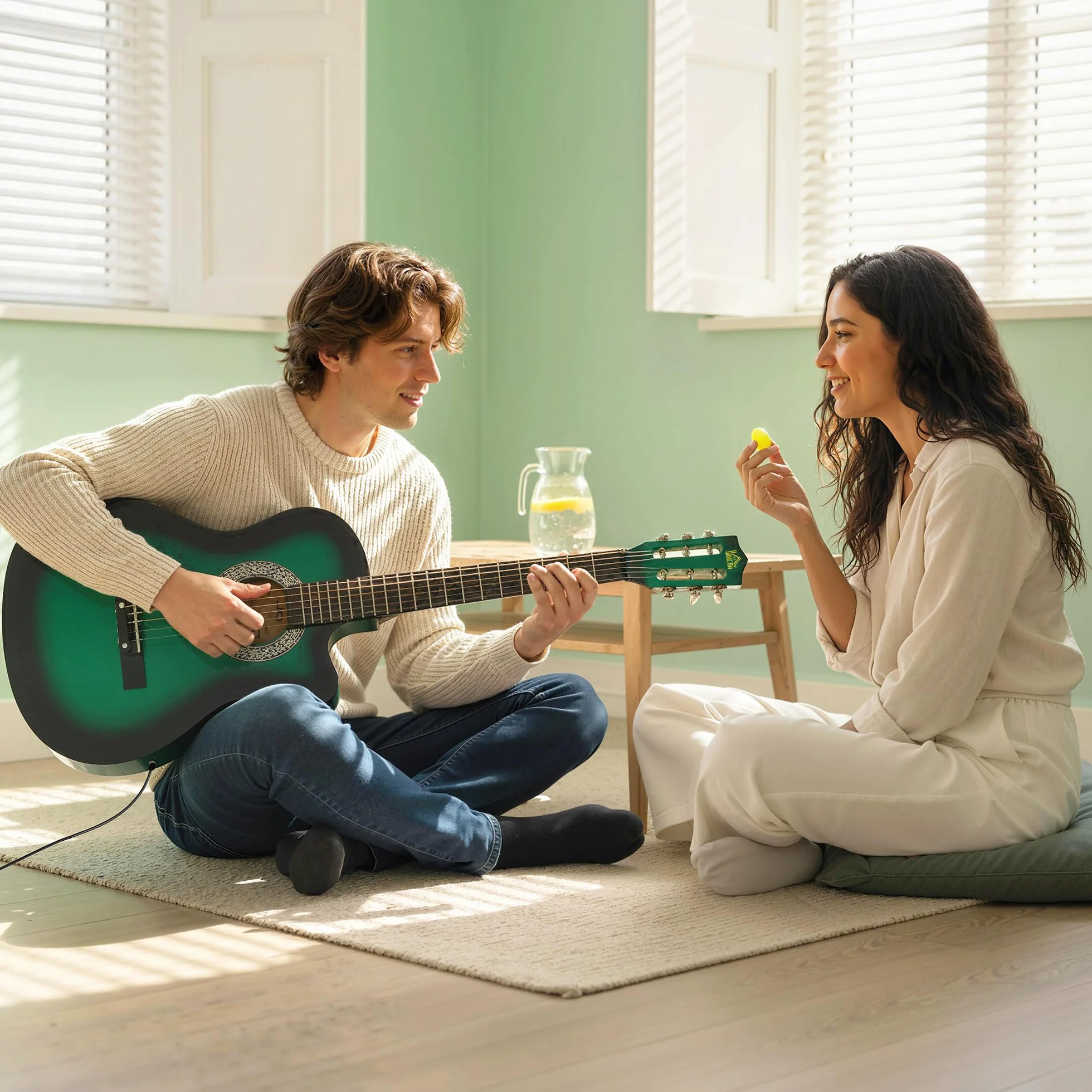 Guitarra acústica eléctrica HOMCOM de 38 pulgadas, guitarra clásica para principiantes y adultos jóvenes, acabado brillante, con estuche de transporte, correa, púas y cuerdas de repuesto - Verde