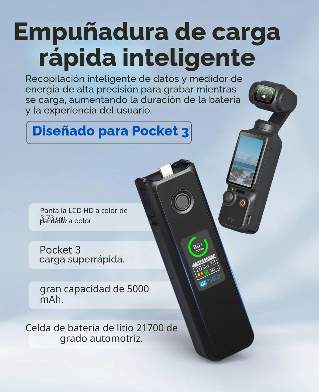 Osmo Pocket 4/3 - Mango de Batería de CargaRápida de 20W, Accesorios Compatibles con dji Pocket 4/3 con Pantalla LCD a Todo Color,Velocidad de Carga y Temperatura de la Batería Visible, 5000mAh,Negro