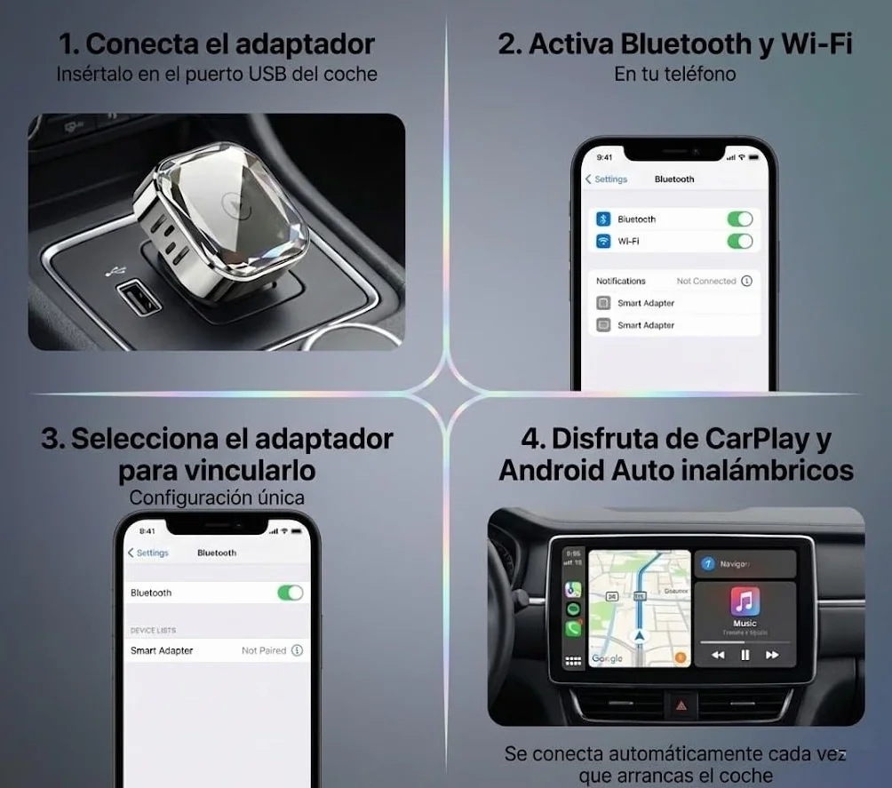 Adaptador CarPlay Inalámbrico 2 en 1 para Android Auto, Convierte Sistema con Cable a Inalámbrico, WiFi 5,8 GHz, Plug and Play, USB A y USB C, iOS 10 o Superior, Android 11 o Superior