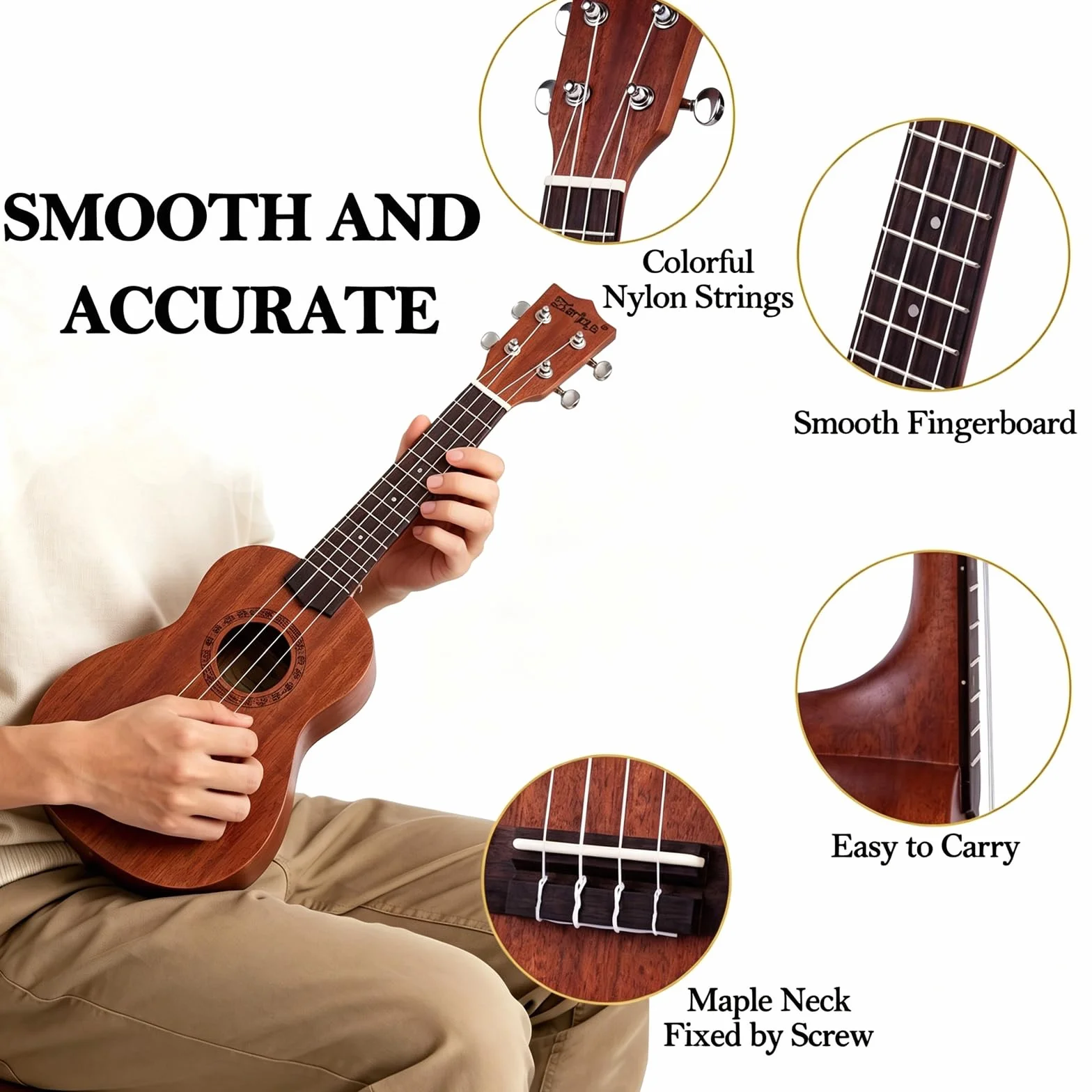 Kit de inicio de ukelele soprano de caoba - Profesional 21 pulgadas con afinador de correa de caja Cuerdas Aquila