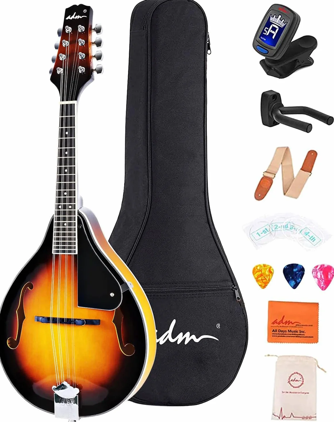 ADM Sunbrust - Kit de instrumentos de mandolina acústica, estilo A para niños, estudiantes, adultos, mandolinas de madera, juego para principiantes con bolsa, afinador, ecualizador, correa, cuerdas
