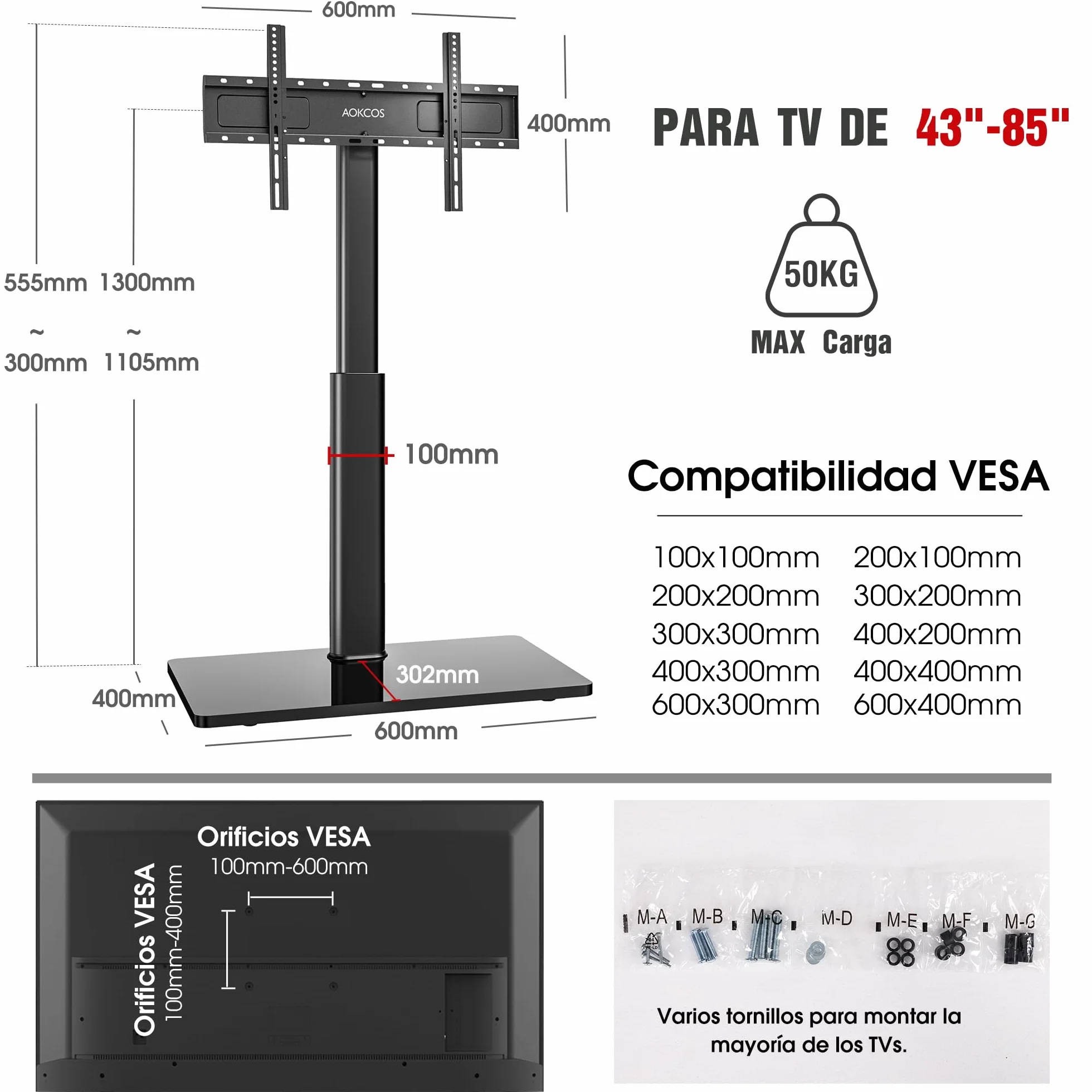 AOKCOS Soporte TV Inclinable 43-85 Pulgadas Giratorio Altura Ajustable VESA 600x400mm 50kg Negro