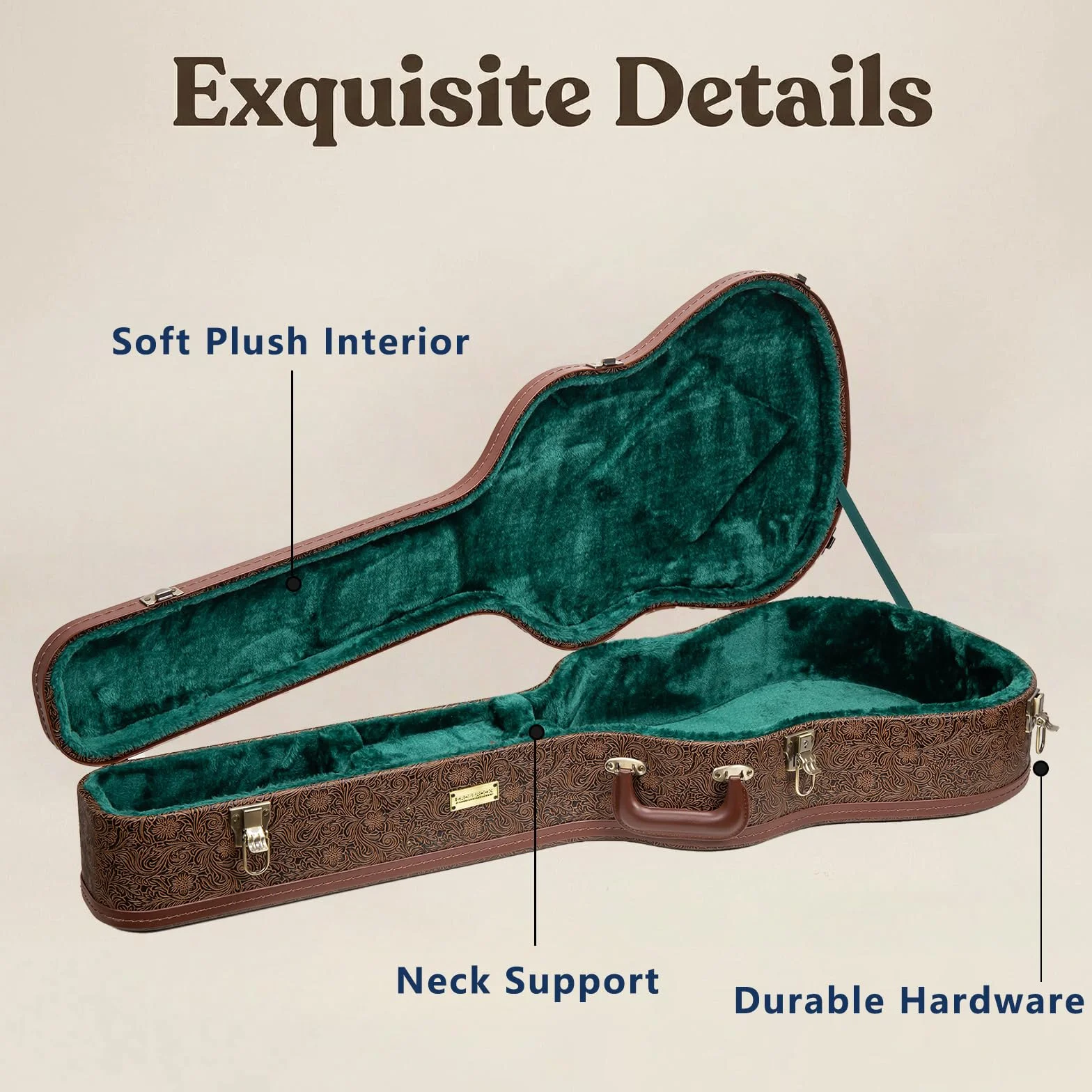 Crossrock Designer Series - Funda universal de madera para guitarra clásica 4/4, cerradura de seguridad, patas de metal, espacio de almacenamiento, marrón flor (CRW530CBQ), Marrón flor, 4/4 Classical,